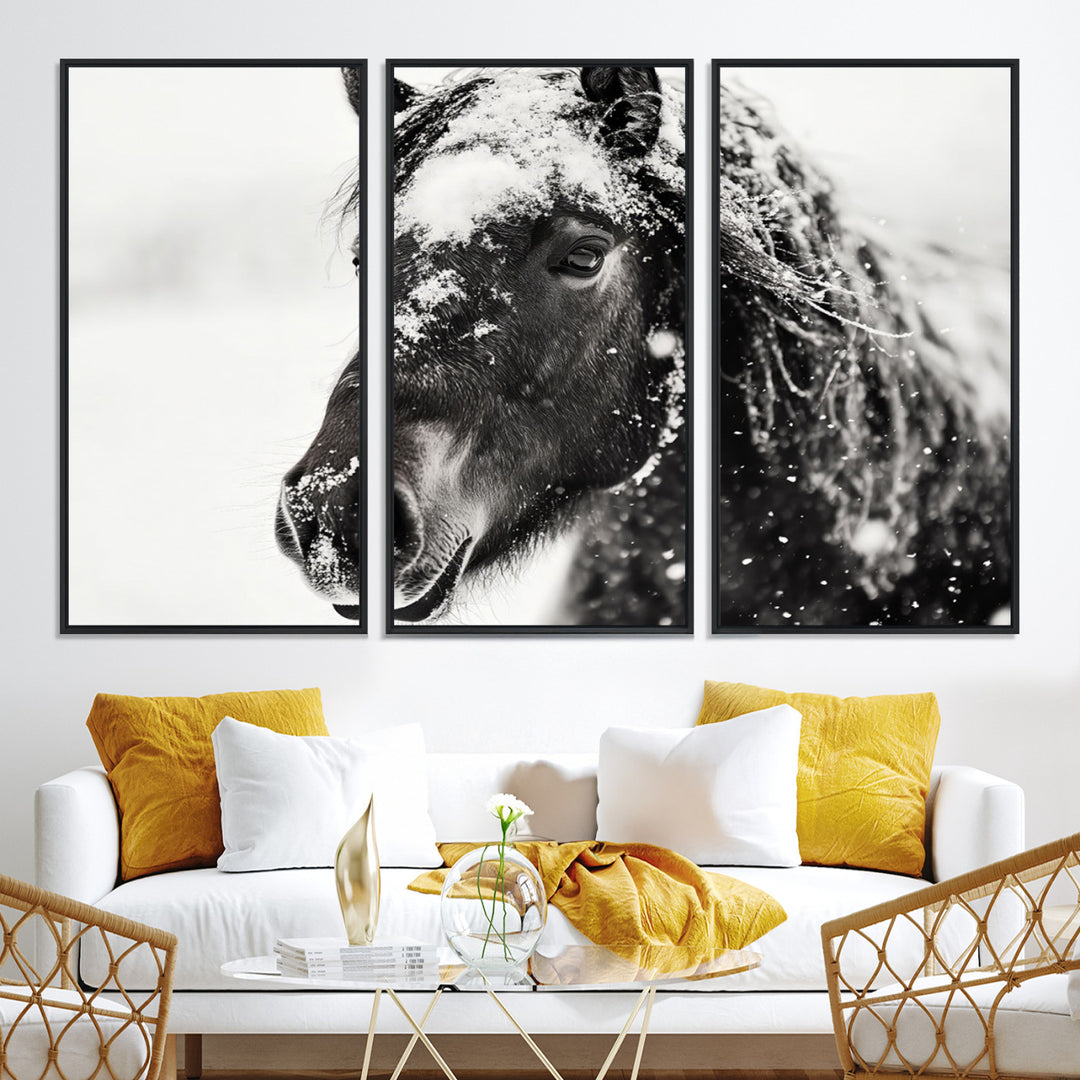 The wall art is a Black and White Horse piece, framed and ready to hang.