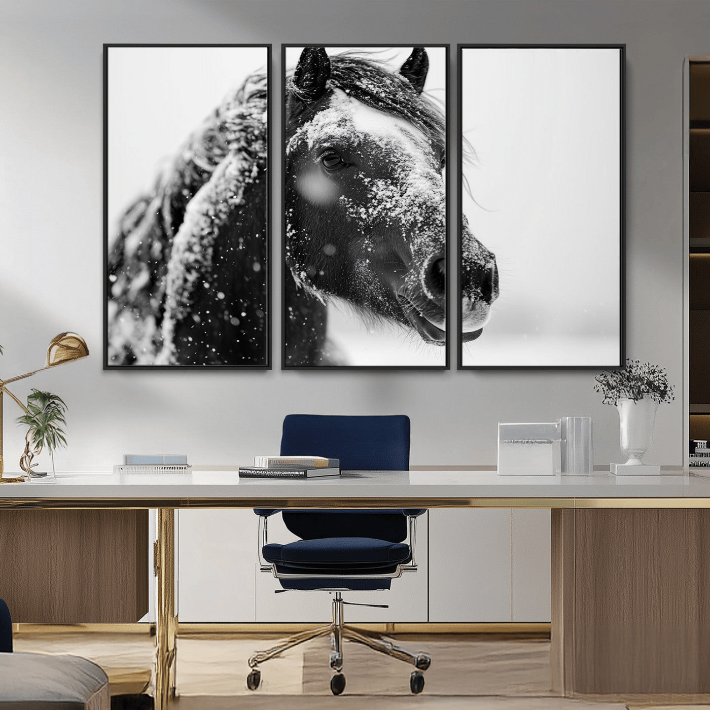 MGV-FC-48X32-3P - Winter Horse Canvas Print | Large 3-Panel Black White Equine Photography for Rustic Farmhouse Wall