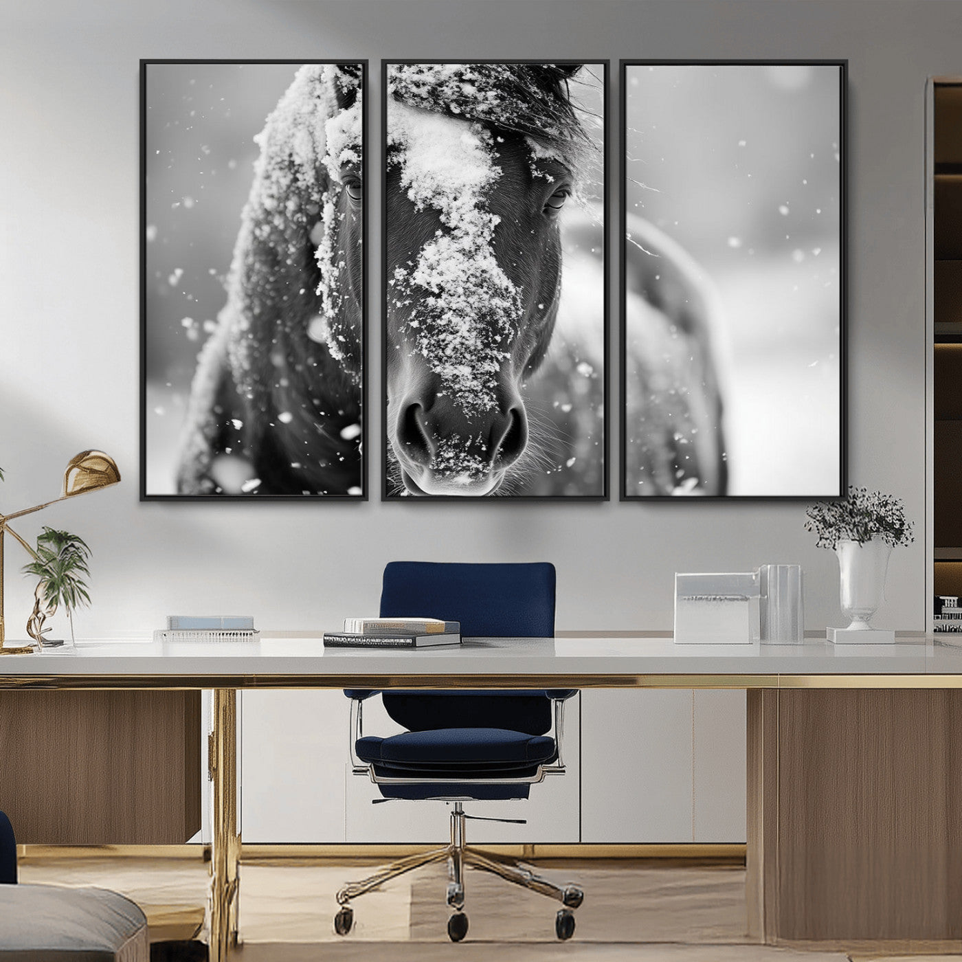 MGV-FC-48X32-3P - Black and White Horse Winter Wall Art | Ready to Hang and Framed | Farmhouse Wall Decor | Western