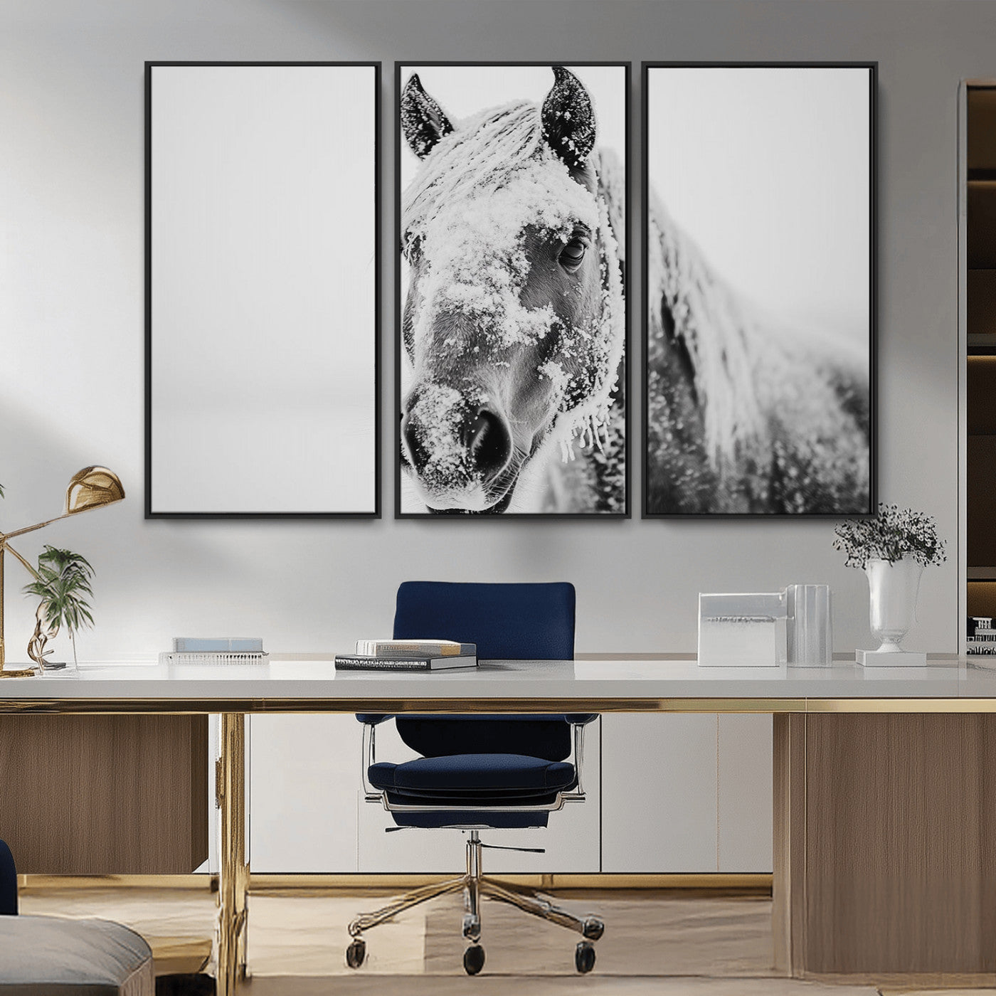 MGV-FC-48X32-3P - White Horse Wall Art | Ready to Hang and Framed | Winter Horse Wall Art Print for Farmhouse and