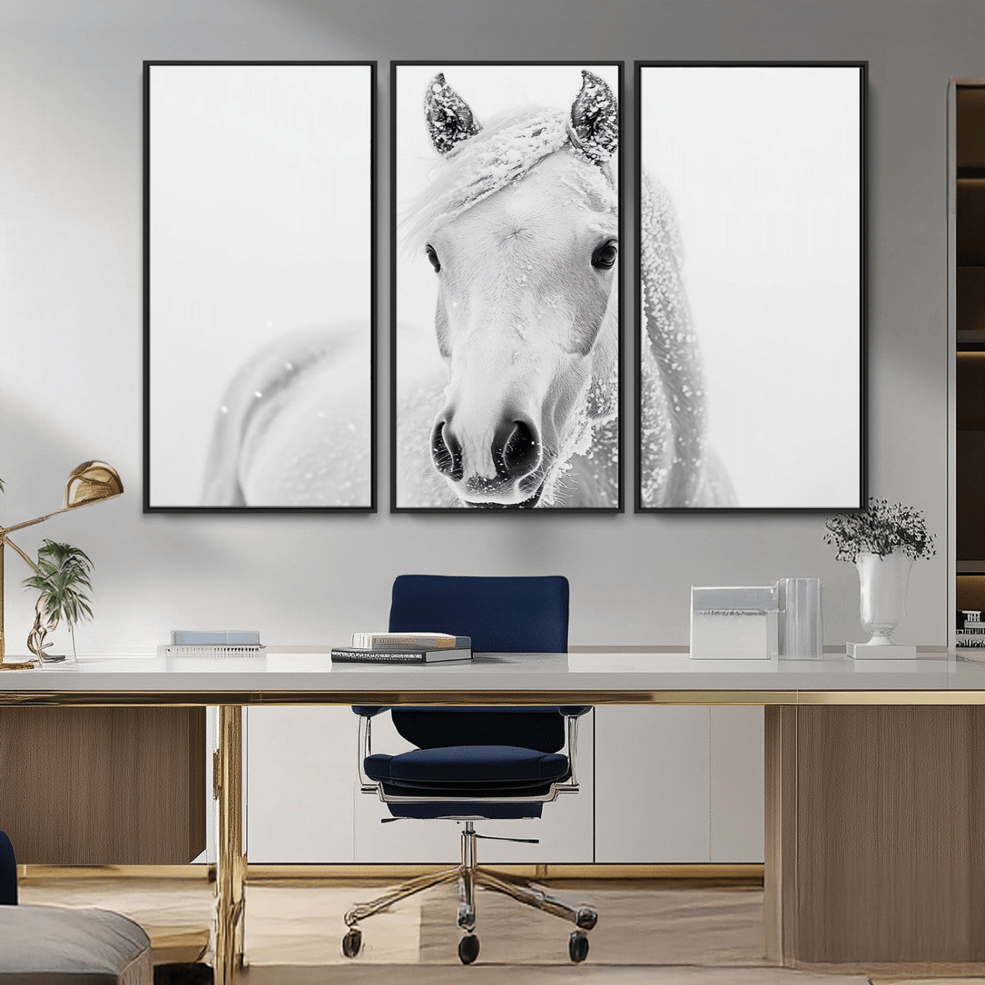 MGV-FC-48X32-3P - Majestic White Horse Wall Art | Ready to Hang and Framed | Farmhouse Wall Decor for Living Room