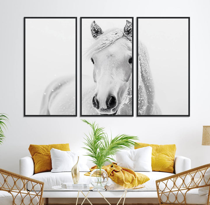 The dining room features the Majestic White Horse Wall Art, adding to its rustic charm.