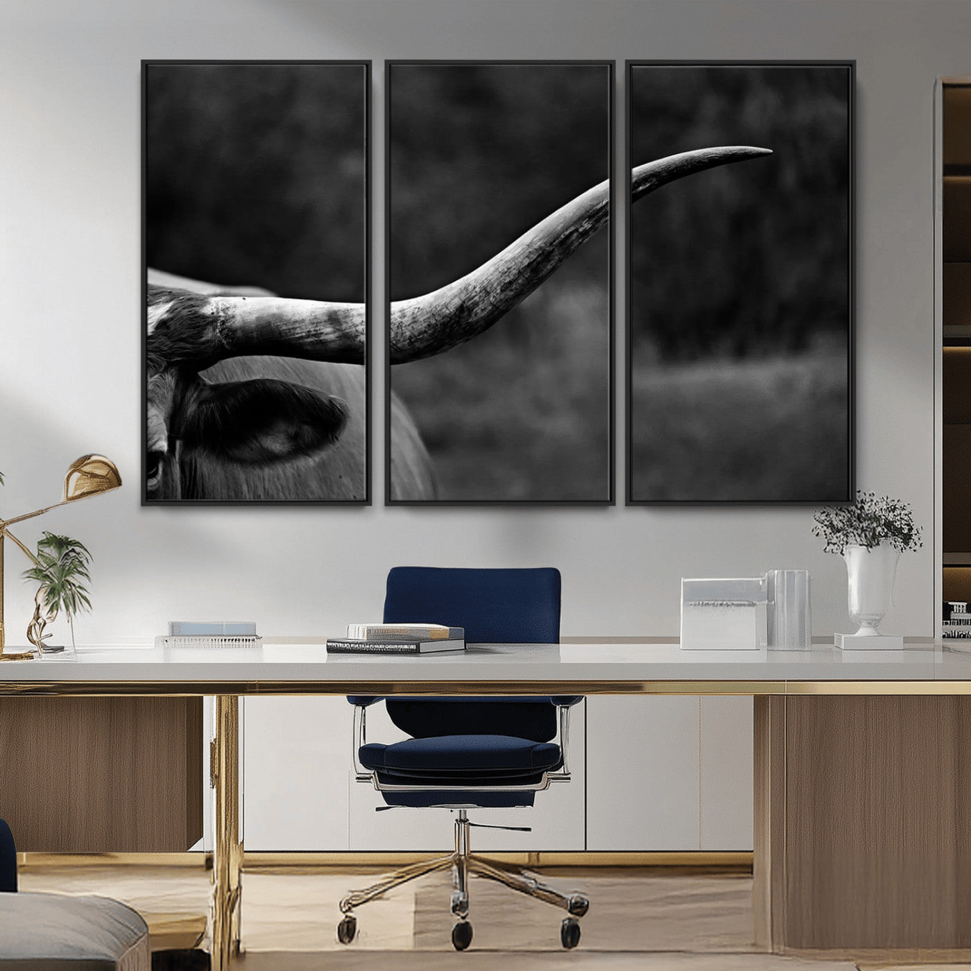 MGV-FC-48X32-3P - Cow Longhorn Wall Art | Black and White Print | Ready to Hang and Framed | Farmhouse Wall Decor |