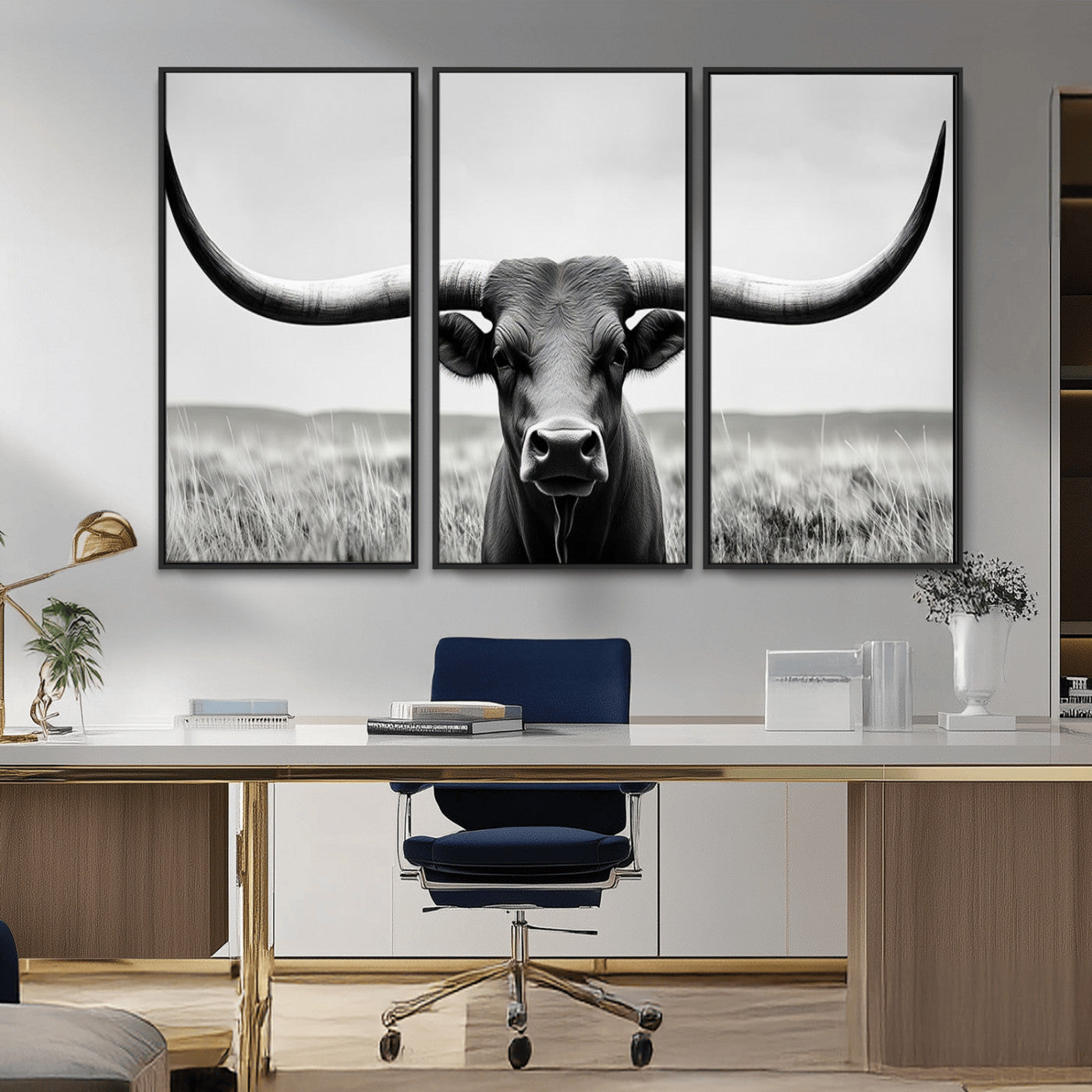 -Longhorn Bull Canvas Print | Rustic Farmhouse Wall Art | Western Decor | Ready to Hang and Framed