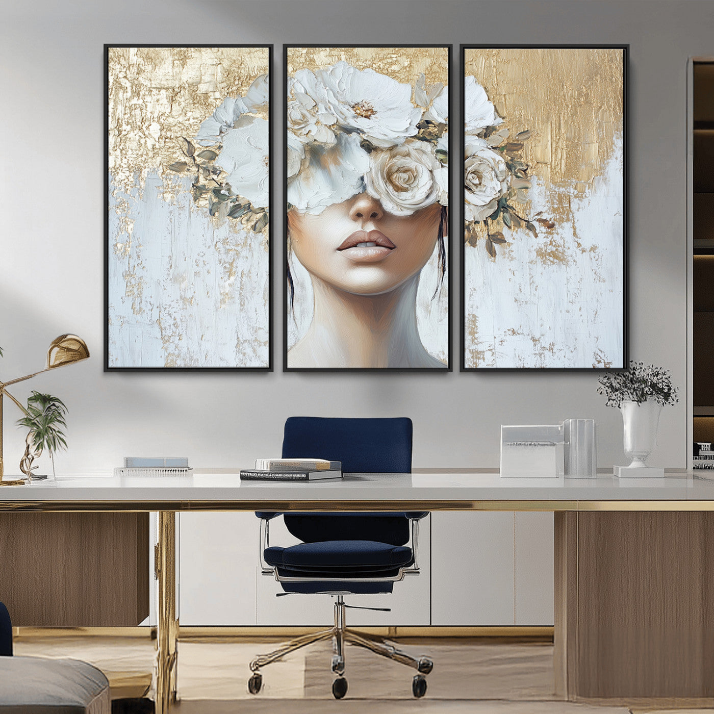MGV-FC-48X32-3P - Golden Petal Wall Art - Canvas Print Flower Head Woman Painting Floral Woman Portrait Wall Decor,