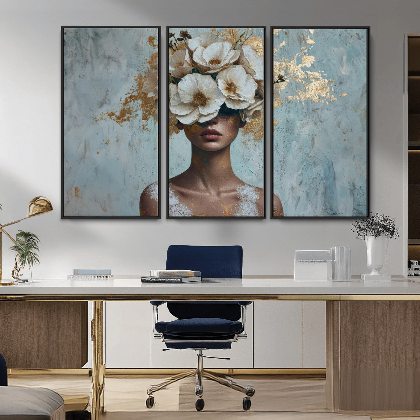 MGV-FC-48X32-3P - Golden Petal Wall Art - Petal Silhouette Woman Wall Art Canvas Print | Large 3-Panel Canvas with