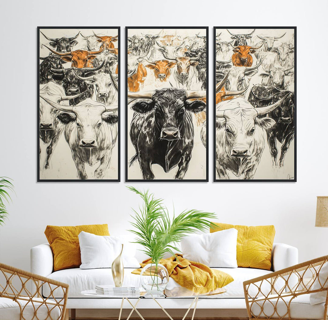 Texas Longhorn Wall Art canvas features cattle artwork with an abstract design, perfect for farmhouse decor on a porch.