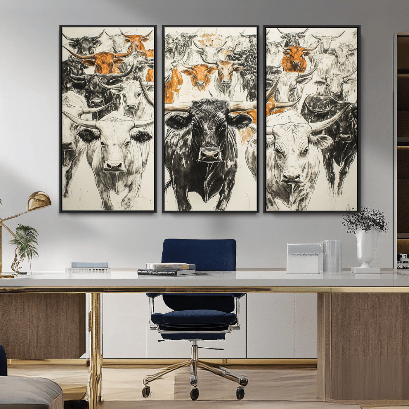MGV-FC-48X32-3P - Farmhouse Wall Art | Western Longhorn Cattle Canvas Print | Ready to Hang and Framed Barn Decor