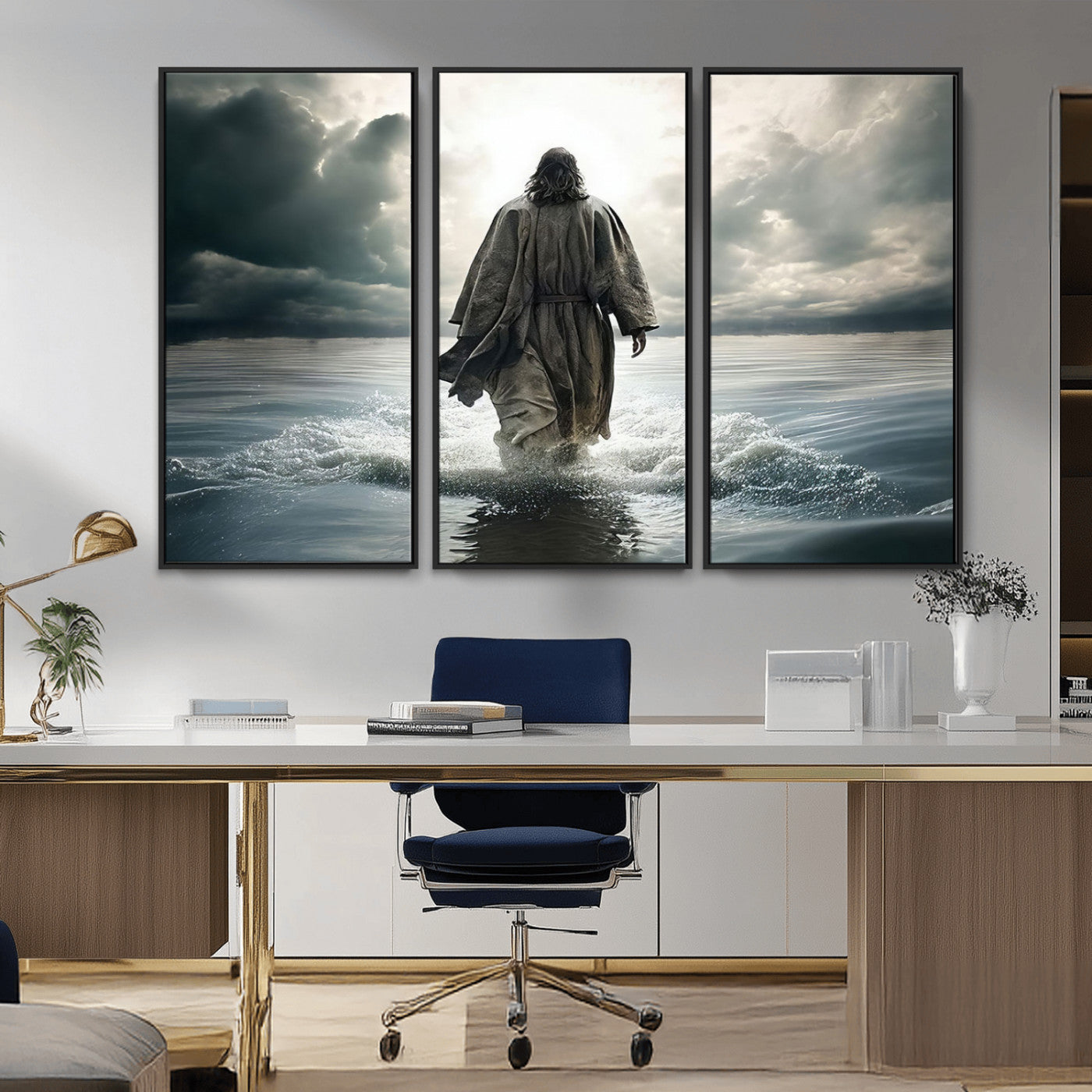 MGV-FC-48X32-3P - Jesus Walking on Water Wall Art | Canvas Print | Ready to Hang | Christian Home Decor | Spiritual