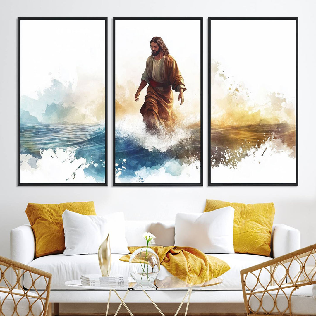 This watercolor canvas print depicts Jesus walking, characterized by abstract splashes against a serene background. It serves as a beautiful piece of Christian wall art.