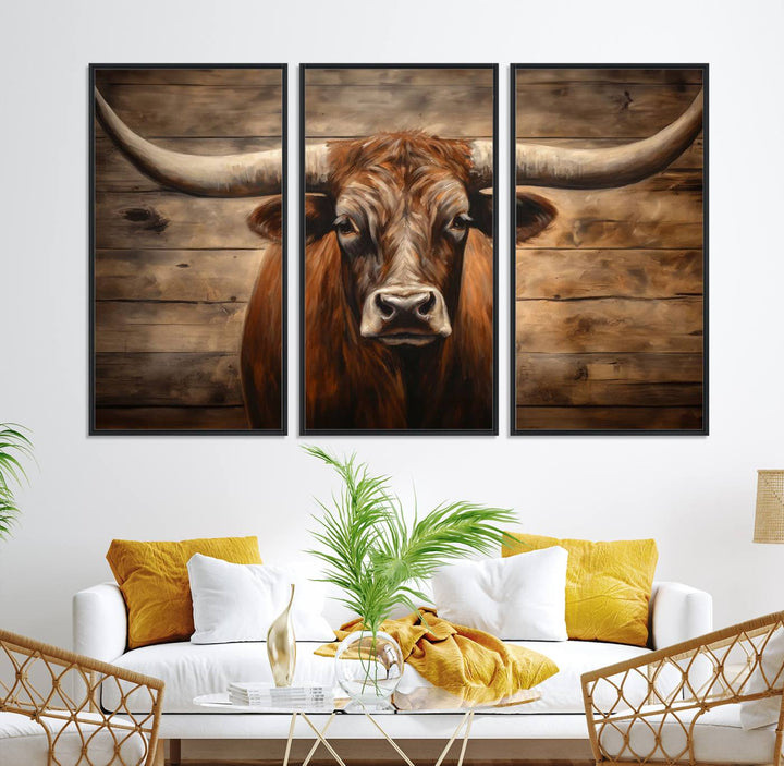 Longhorn Bull Canvas Print: Rustic Farmhouse Decor, Ready to Hang Western Barn Art.