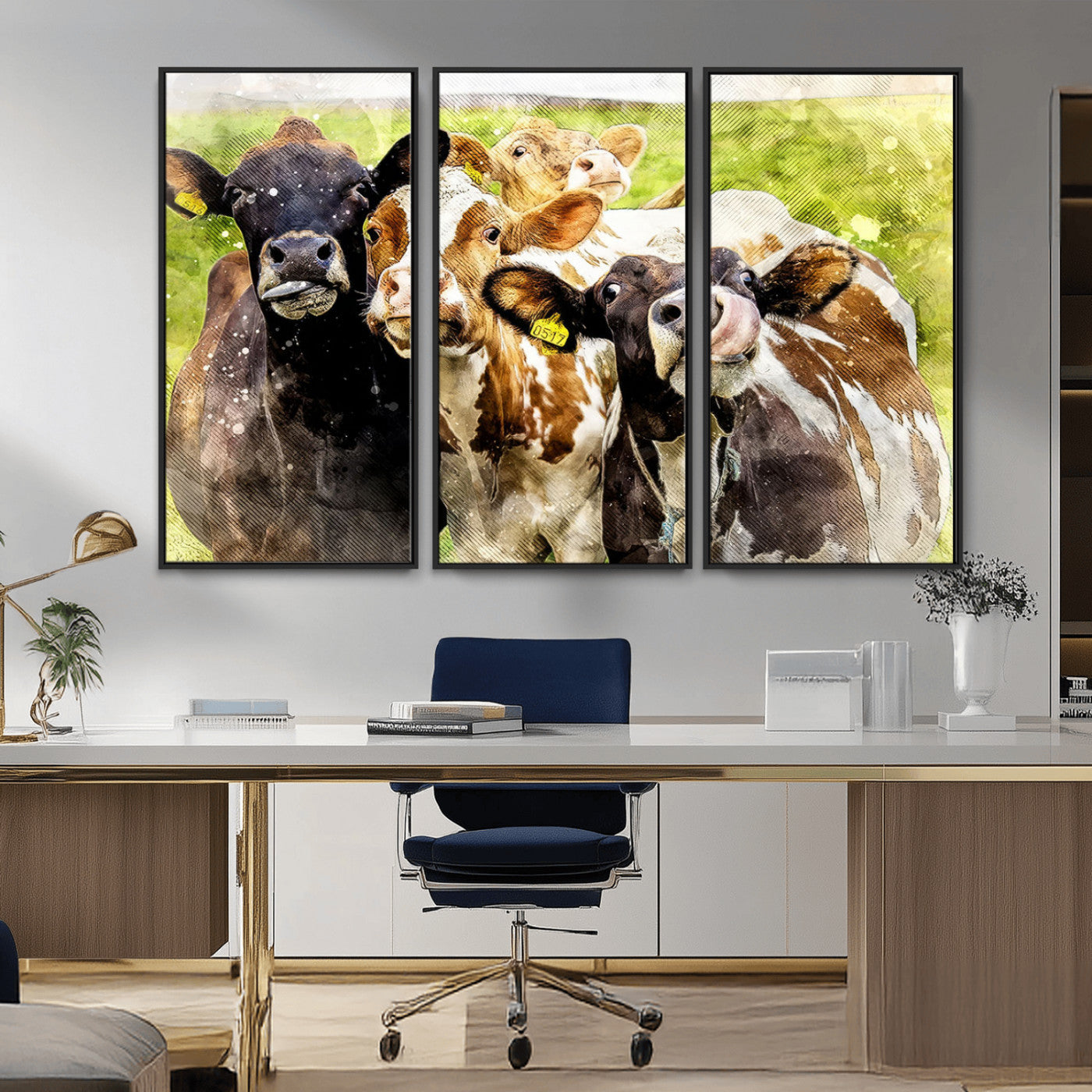MGV-FC-48X32-3P - Curious Cows Farmhouse Wall Art | Ready to Hang and Framed Canvas Print | Rustic Farm Decor
