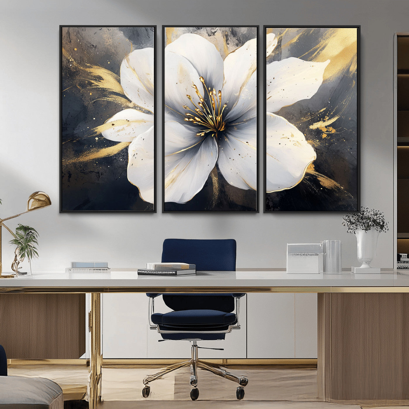 MGV-FC-48X32-3P - White Flower Wall Art Canvas Print | Ready to Hang | Abstract Floral Wall Decor | Elegant Bloom