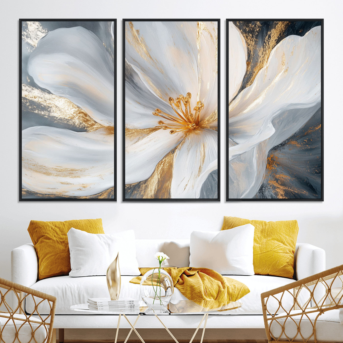 83149-MGV-CV-36X24-White and Gold Floral Canvas Wall Art - Framed and Ready to Hang - Perfect for Modern Living Rooms