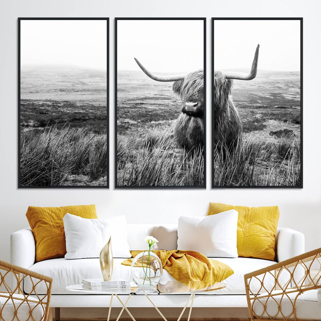Scottish Highland Cow Wall Art | Black and White Canvas Print | Ready to Hang and Framed | Rustic Farmhouse Wall Decor for Living Room or