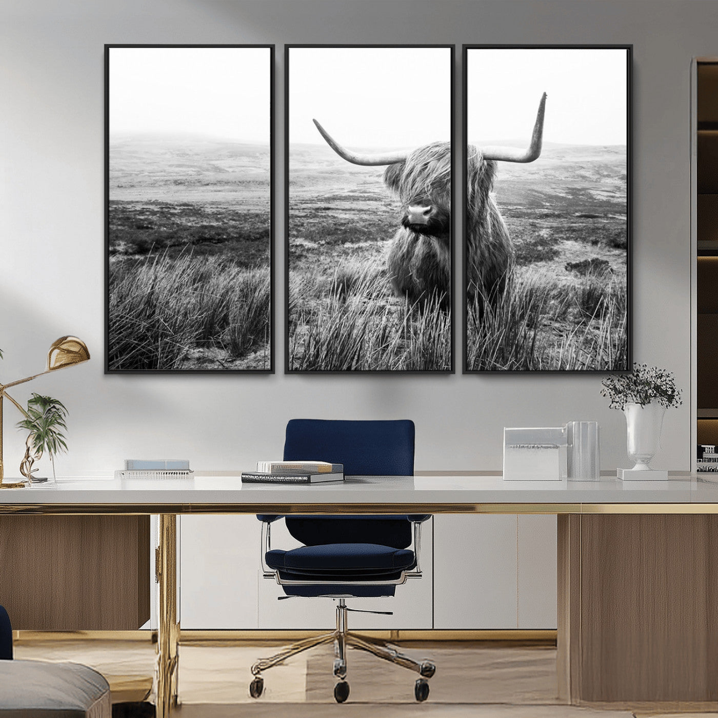 MGV-FC-48X32-3P - Scottish Highland Cow Wall Art | Black and White Canvas Print | Ready to Hang and Framed | Rustic