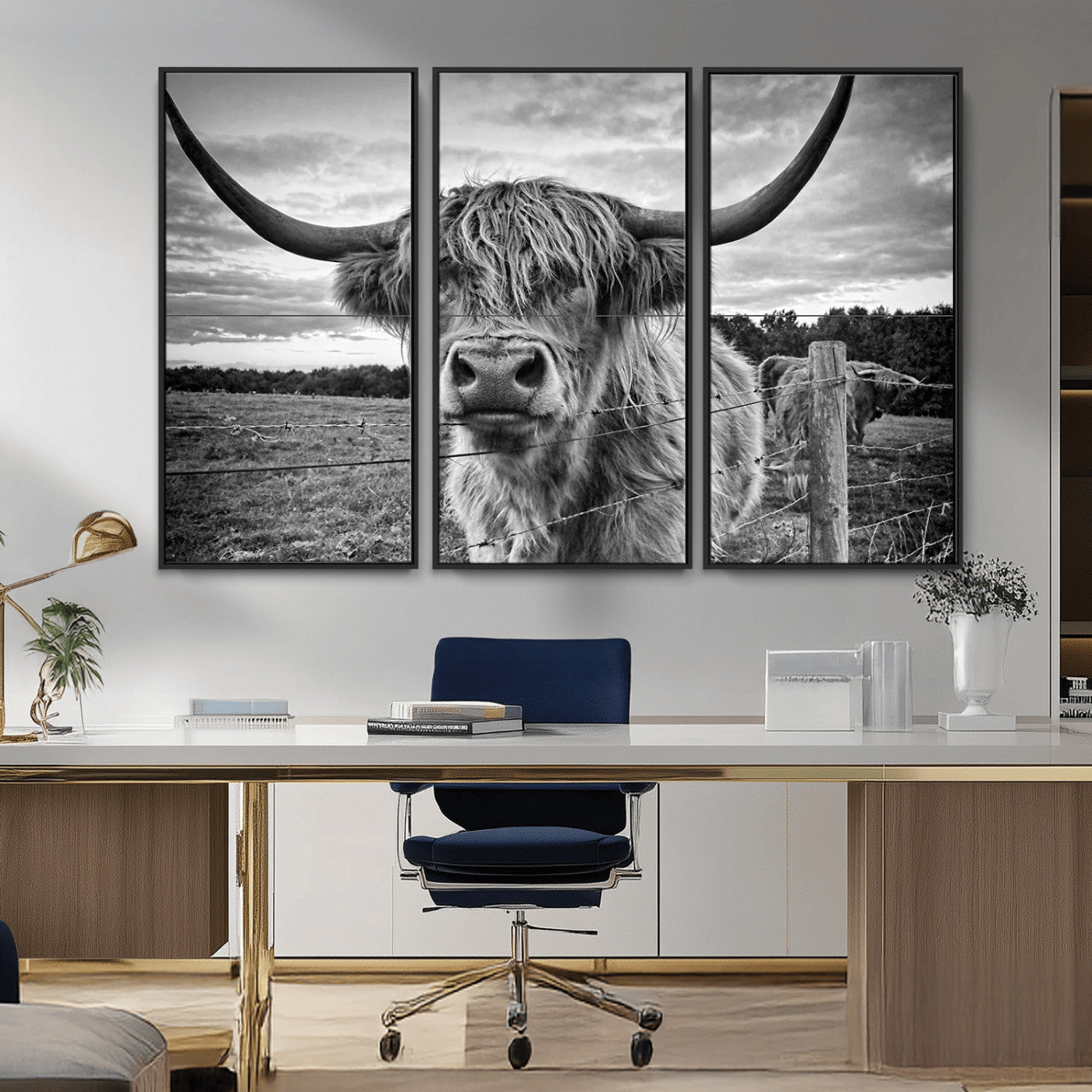 MGV-FC-48X32-3P - Scottish Highland Cow Wall Art Canvas Print | Ready to Hang and Framed | Rustic Farmhouse Decor