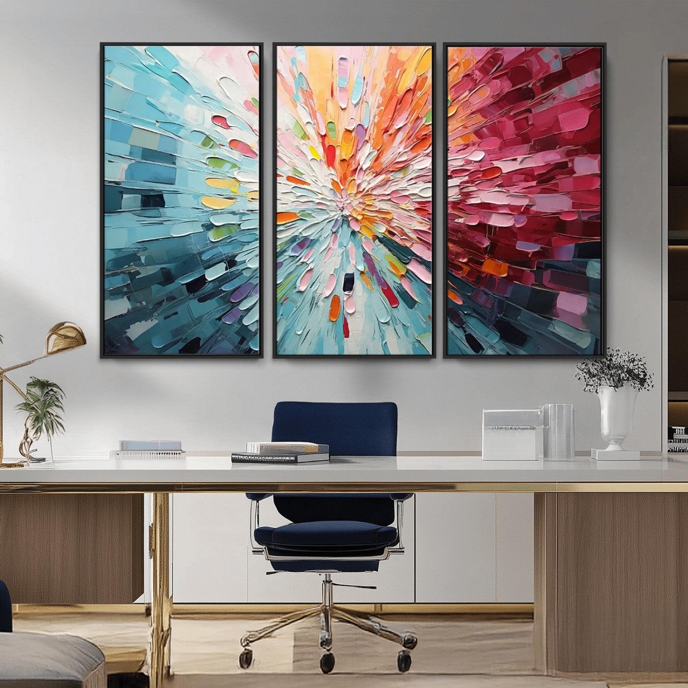 MGV-FC-48X32-3P - Radiant Bloom Abstract Floral Wall Art Canvas Print - Colorful Burst - Modern Living Room Decor -