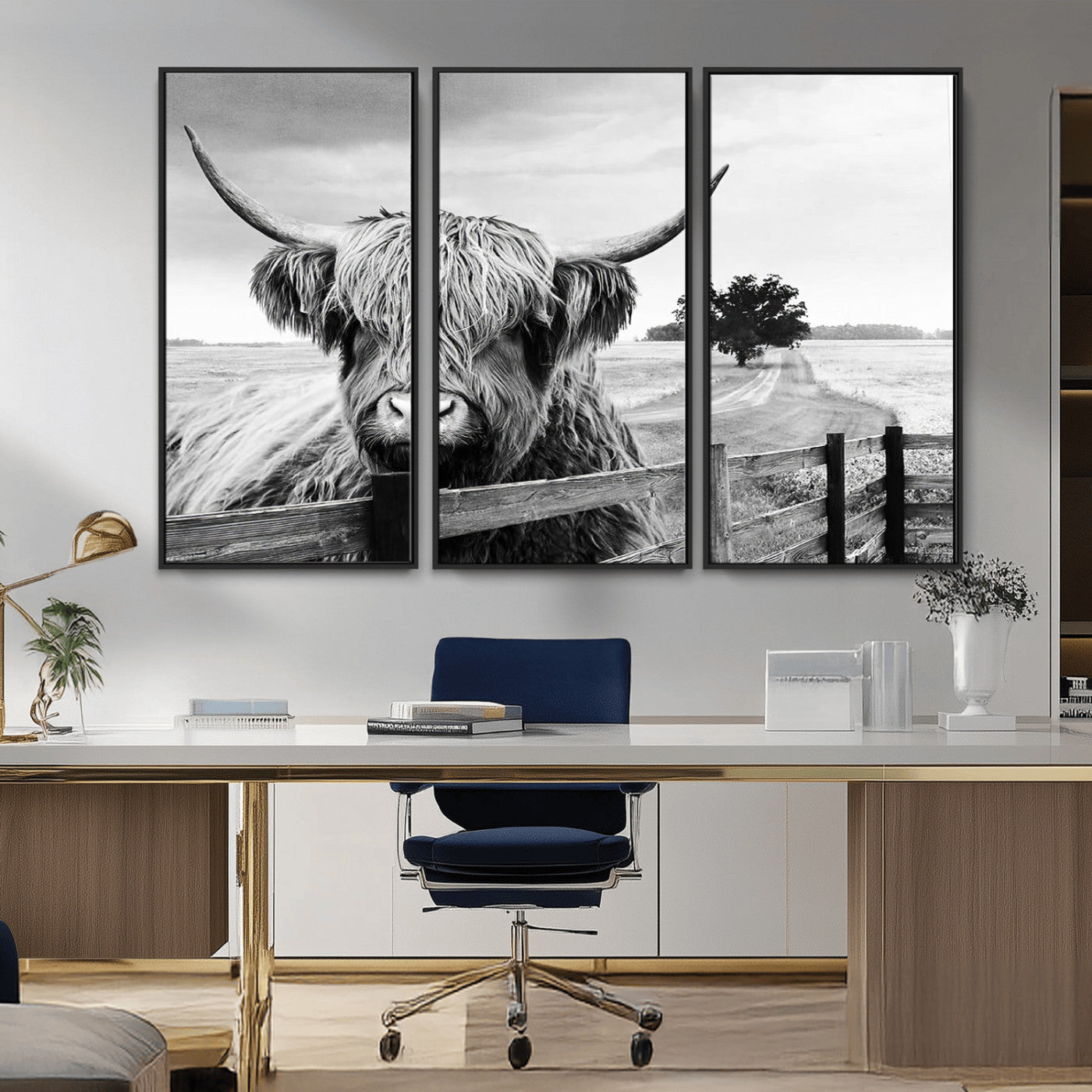 MGV-FC-48X32-3P - Scottish Highland Cow Wall Art | Rustic Farmhouse Décor | Black and White Ready to Hang Canvas Print