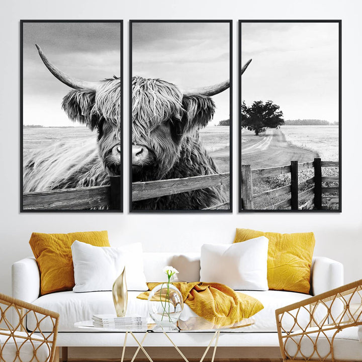 Scottish Highland Cow Wall Art | Rustic Farmhouse Décor | Black and White Ready to Hang Canvas Print