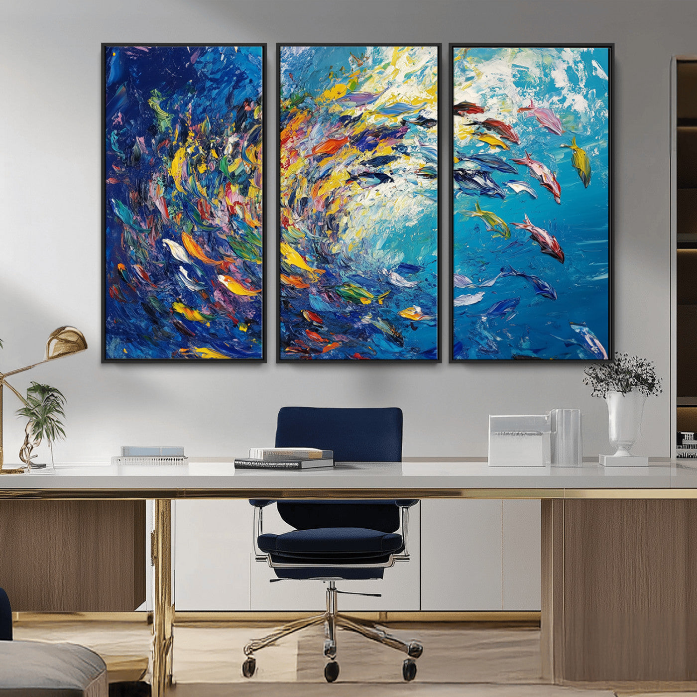 MGV-FC-48X32-3P - Colorful Swirling Fish School Wall Art Canvas Print | Oceanic Abstract Painting | Ready to Hang |