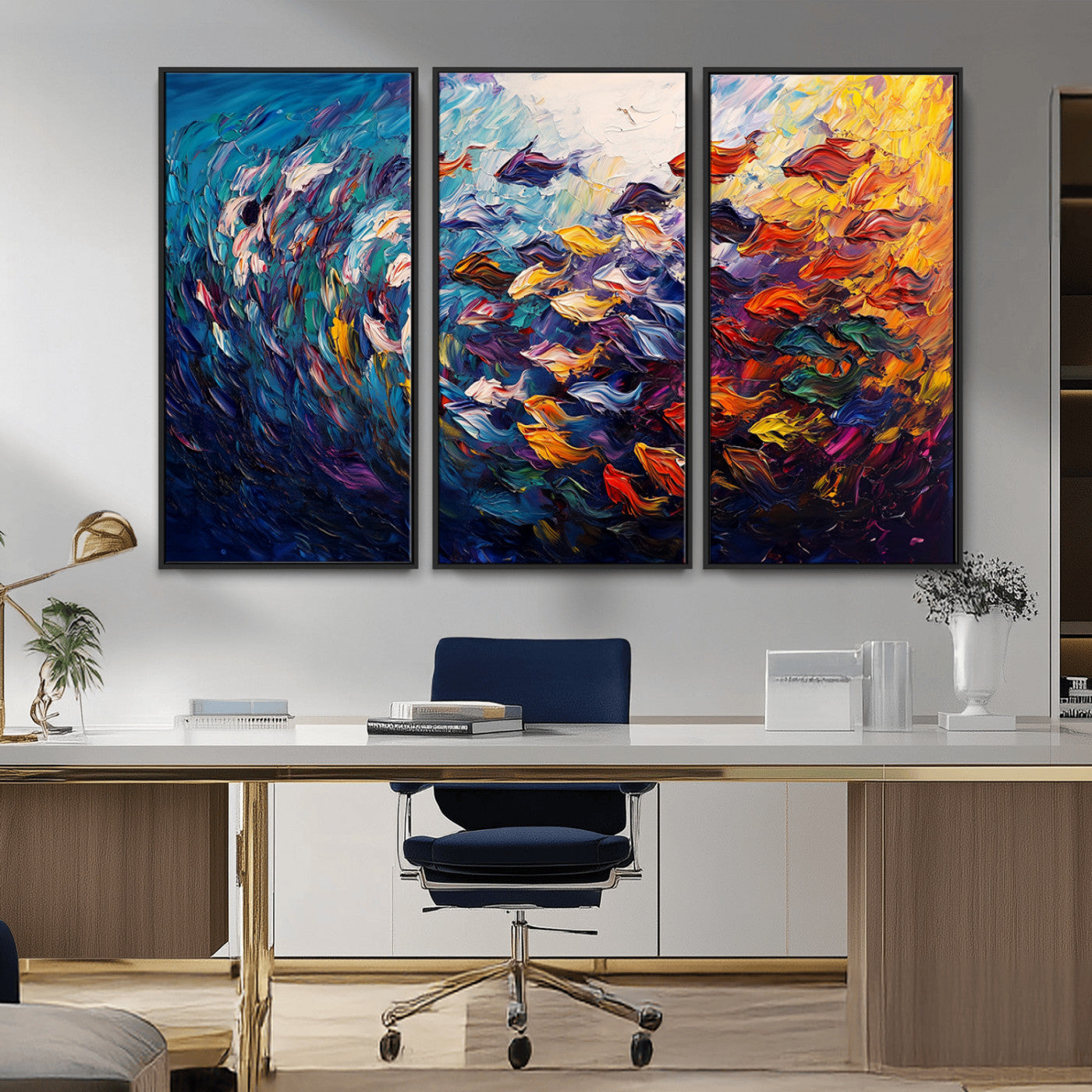 MGV-FC-48X32-3P - Vibrant Abstract Fish Swarm Art – Colorful Fish Inspired 3-Piece Canvas Wall Art for Living Room or