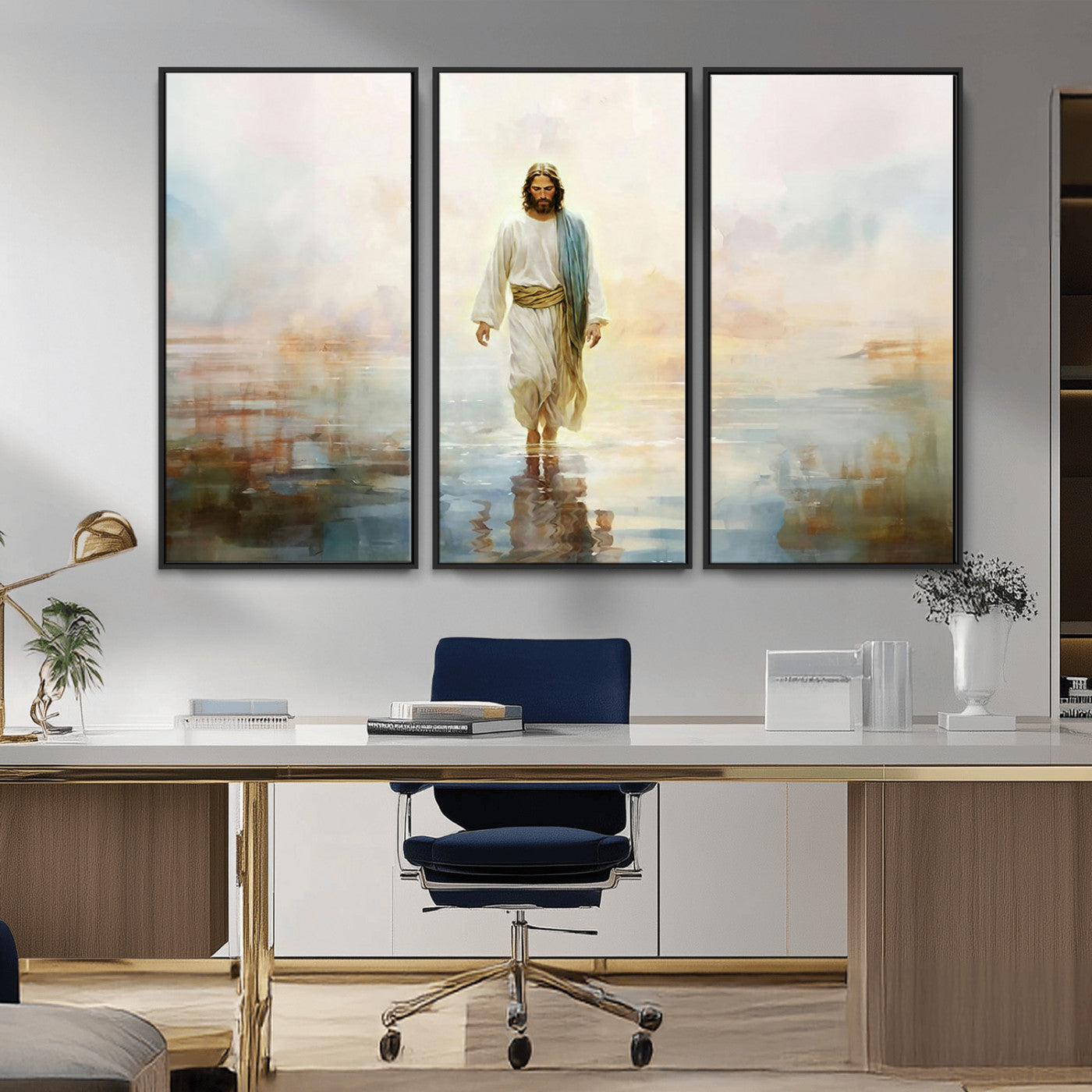 MGV-FC-48X32-3P - Framed Jesus Walking on Water Wall Art - 3-Panel Christian Canvas Prints, Religious Artwork for