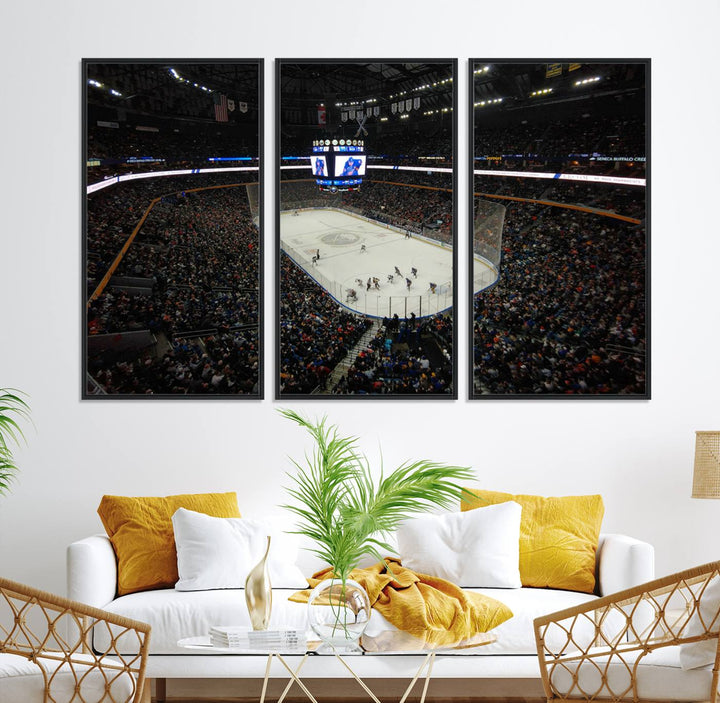 The wall art captures the essence of a Buffalo Sabres game on ice at KeyBank Center, making it deserving of a premium canvas print.