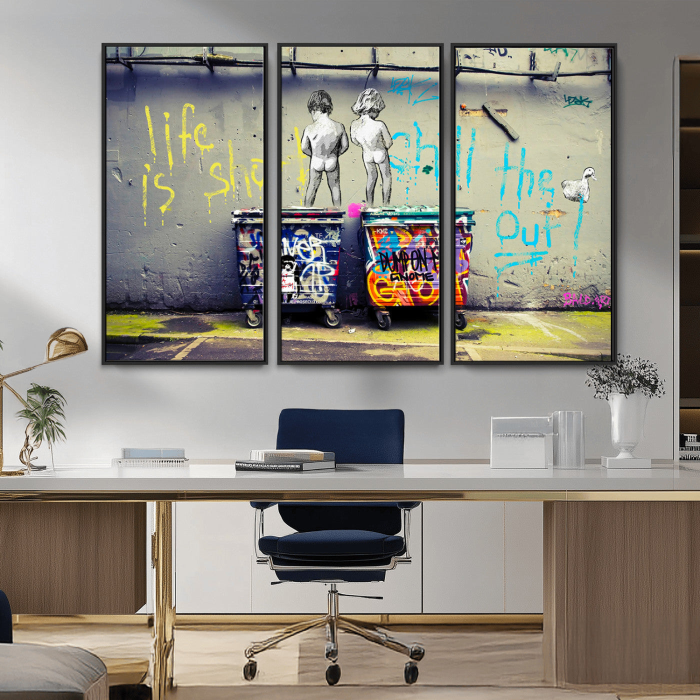 MGV-FC-48X32-3P - Banksy Life is Short Wall Art - Iconic Graffiti Art on Framed Ready-to-Hang Canvas - Street Art