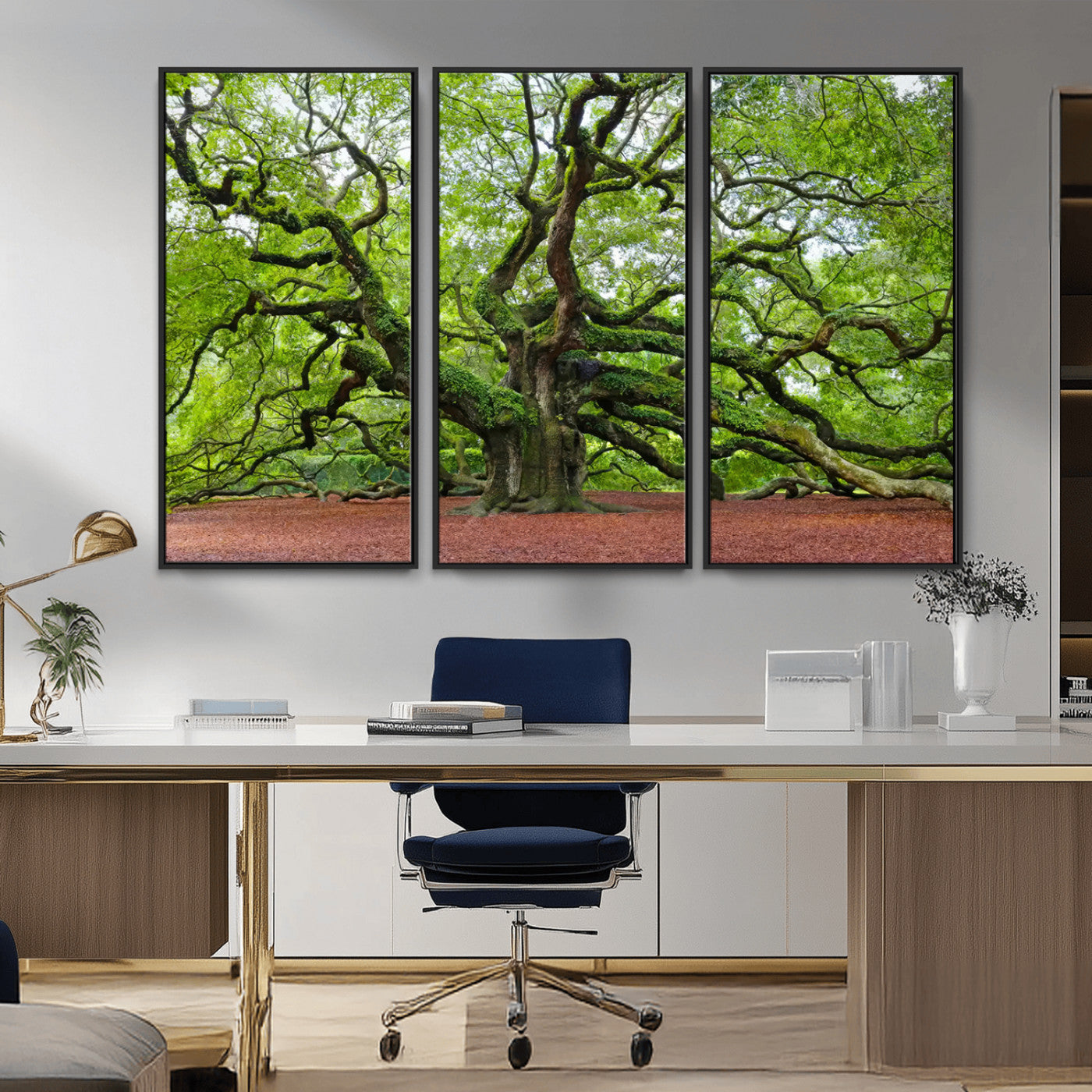 MGV-FC-48X32-3P - Framed Angel Oak Tree Wall Art - 3-Panel Canvas Prints, Large Green Nature Artwork, Ready to Hang