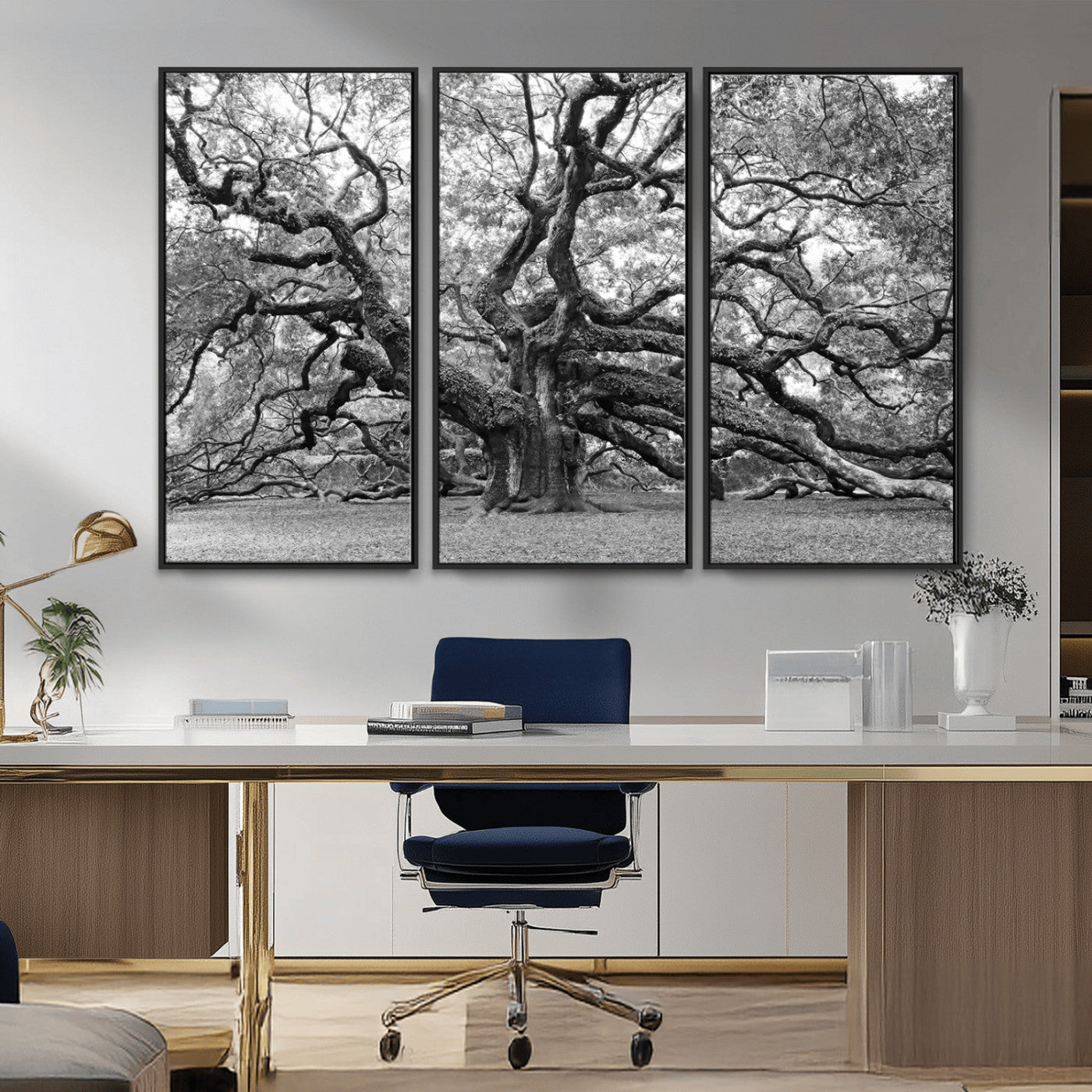 MGV-FC-48X32-3P - Black White Angel Oak Tree Wall Art - Timeless Nature-Inspired Canvas for Rustic, Modern, or
