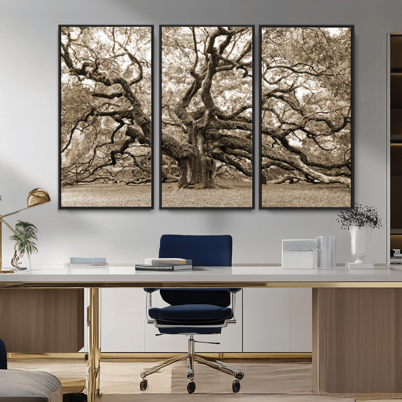51126-MGV-CV-36X24-Sepia Framed Angel Oak Tree Wall Art - 3-Panel Canvas Prints, Large Green Nature Artwork, Ready to
