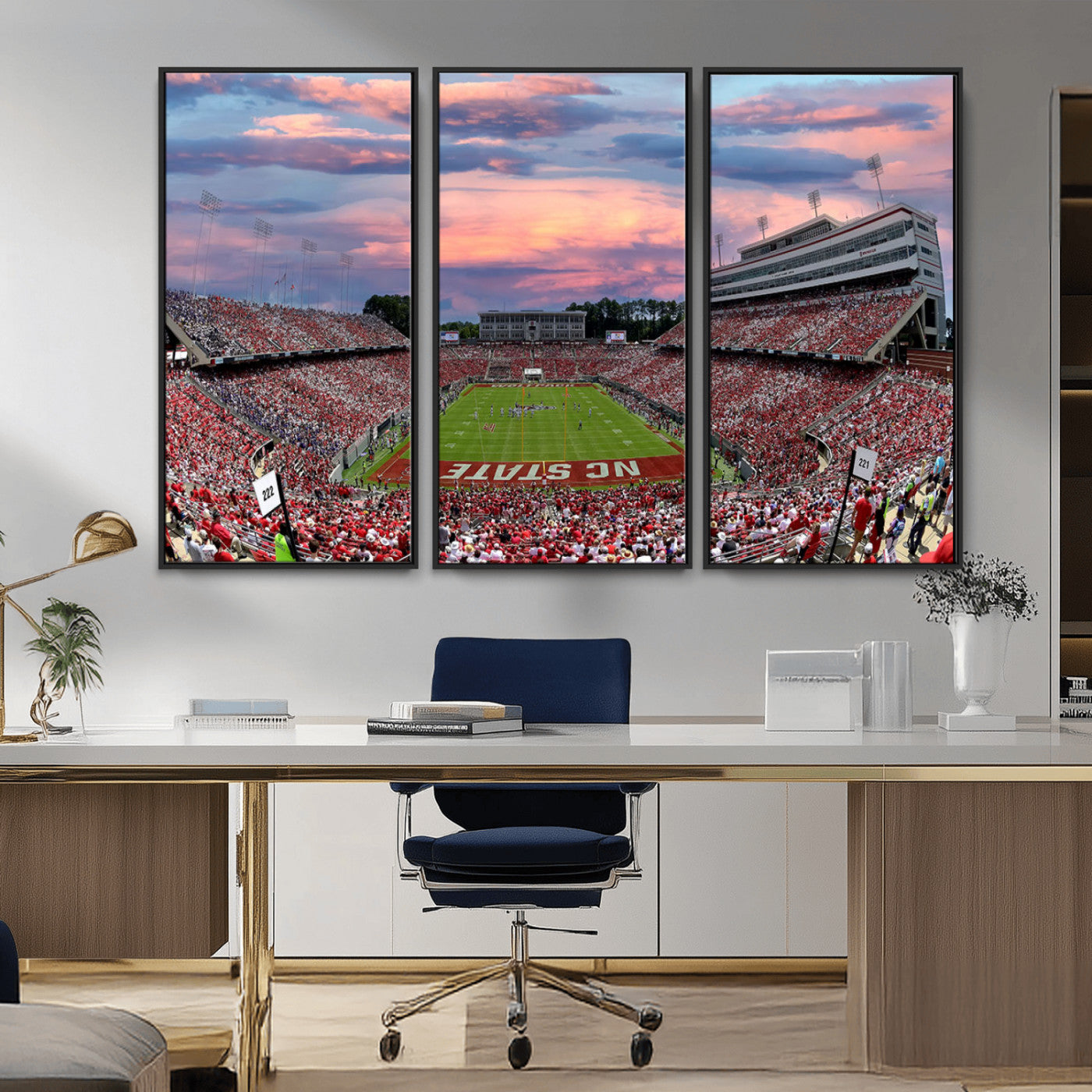 MGV-FC-48X32-3P - Carter-Finley Stadium Art Sunset Game Triple Canvas Wall Art - NC State Wolfpack Football Match
