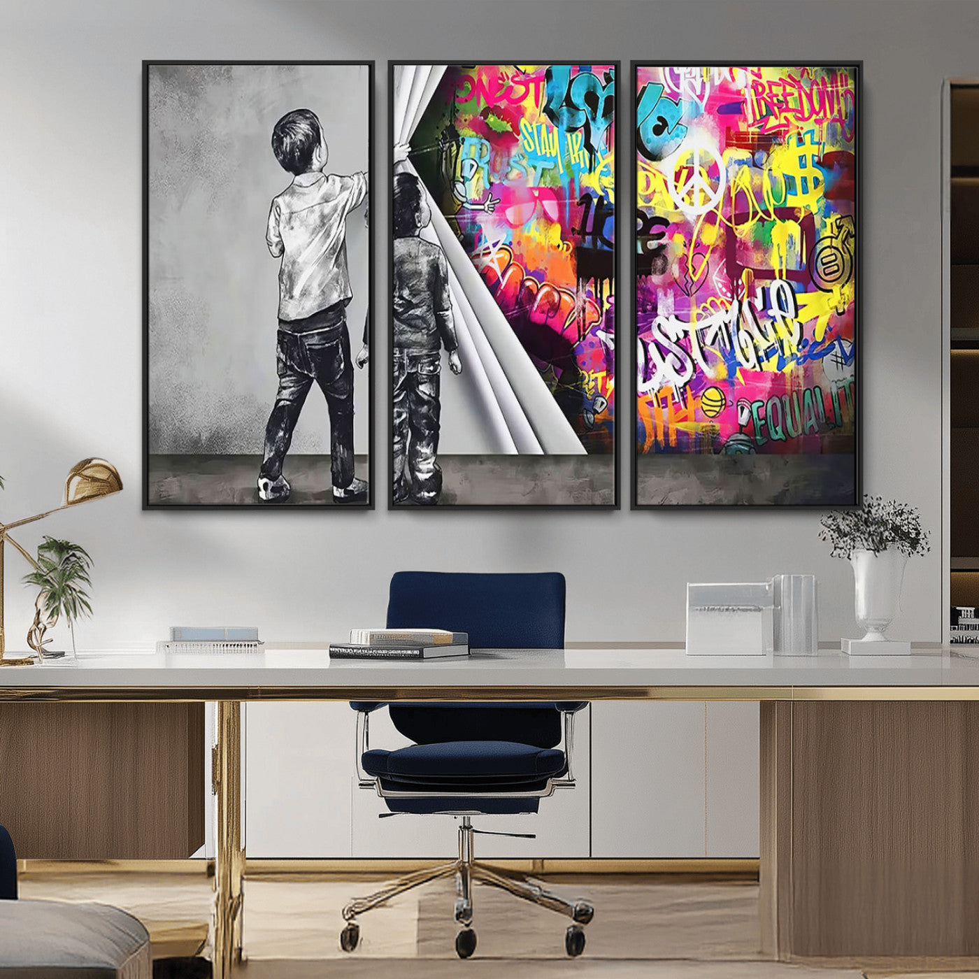 MGV-FC-48X32-3P - Banksy Print - Street Art Canvas Wall Art - Kids Revealing Graffiti, Urban Modern Decor for Living
