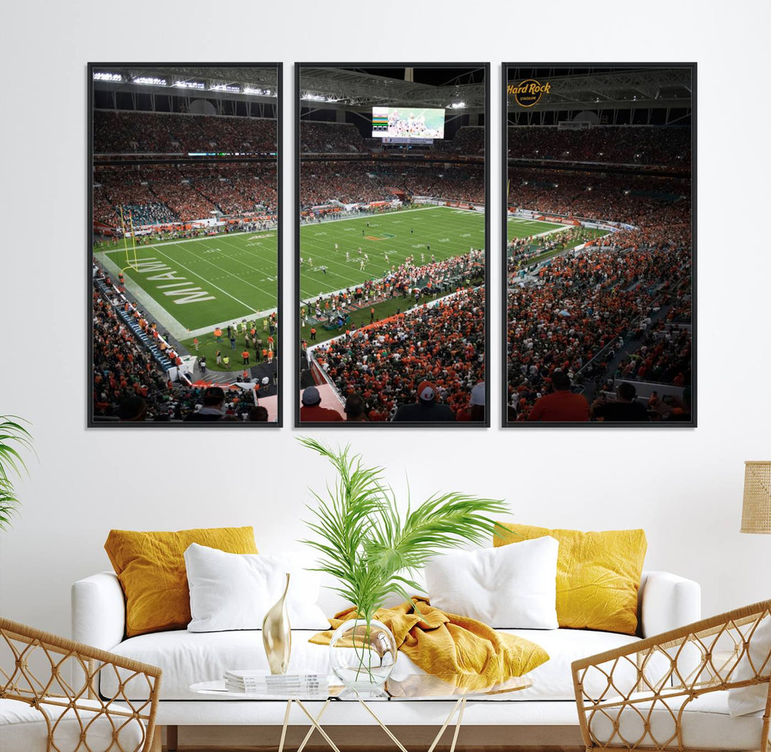 Aerial view of a Miami Hurricanes game at Hard Rock Stadium captured on canvas print, showcasing the teams on the field and fans in the stands.