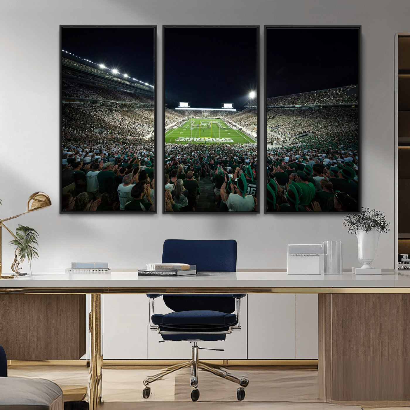 MGV-FC-48X32-3P - Framed Michigan State Spartans Football Team Print - East Lansing Spartan Stadium Wall Art Canvas