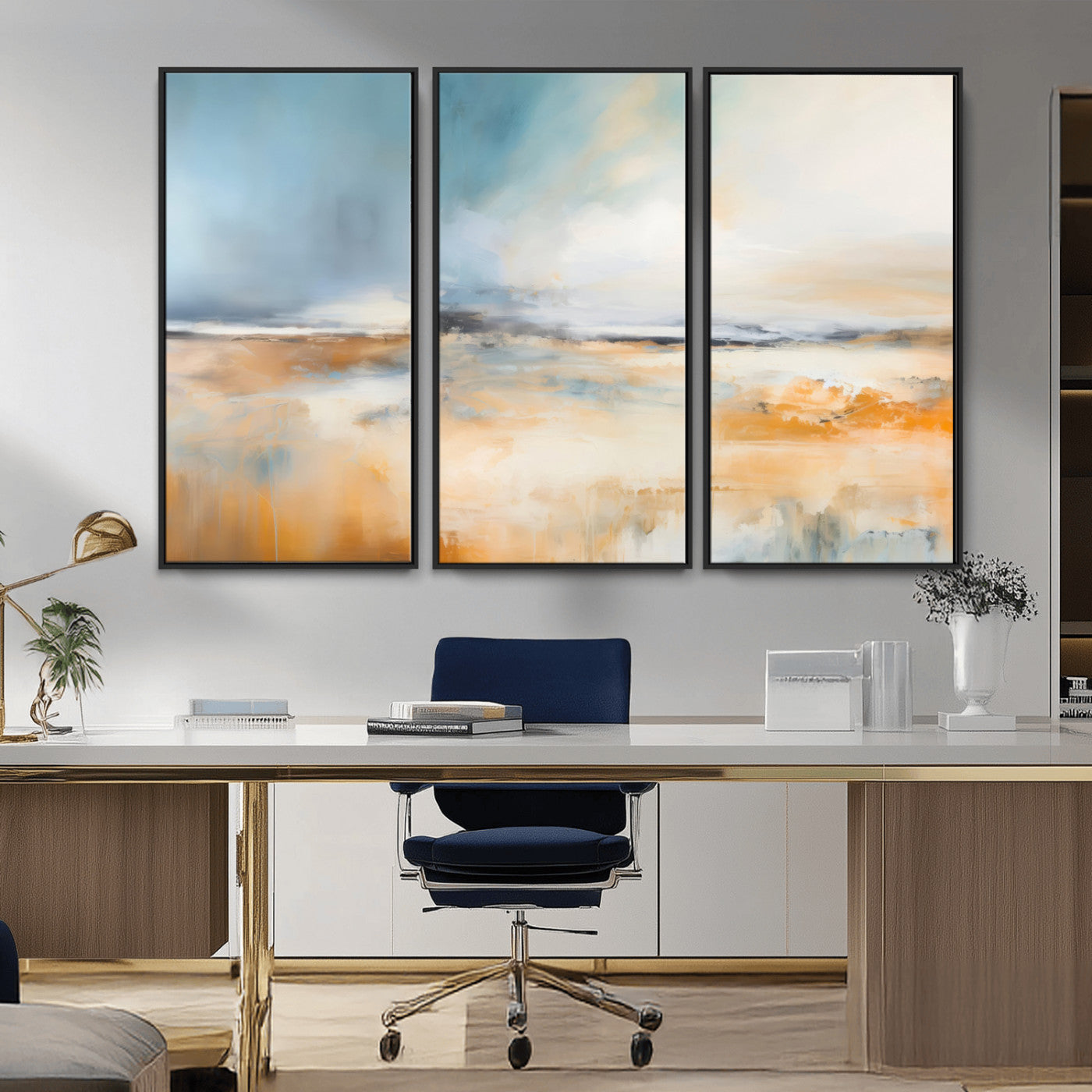 -Abstract Landscape Wall Art Canvas Print - Warm Tones of Orange and Blue, Modern Framed Art for Home