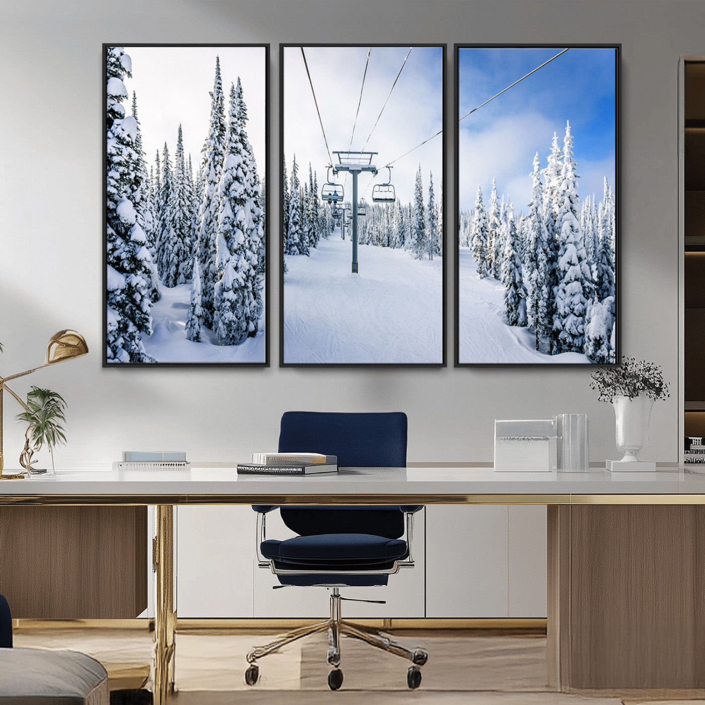MGV-FC-48X32-3P - Winter Ski Lift Wall Art Print - Landscape Wall Art | Snowy Mountain Adventure | Perfect for Cabin