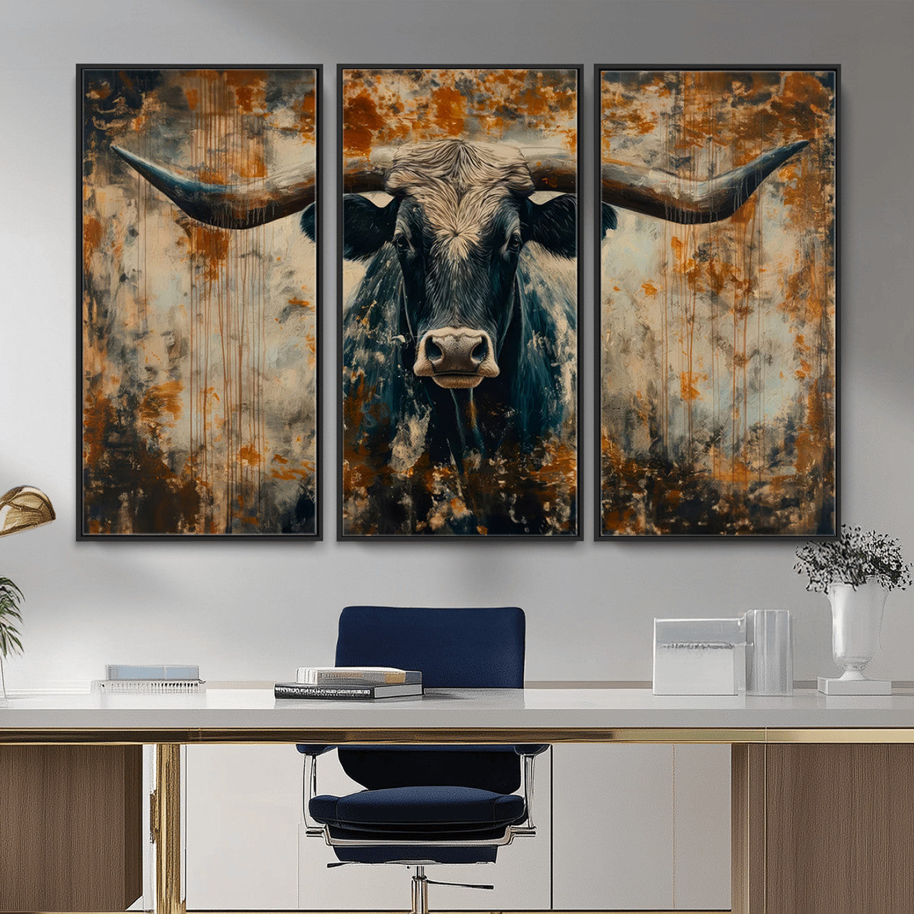 85913-MGV-CV-36X24 - Abstract Longhorn Bull Wall Art | Rustic Western Wall Decor | Framed and Ready to Hang | Ideal for