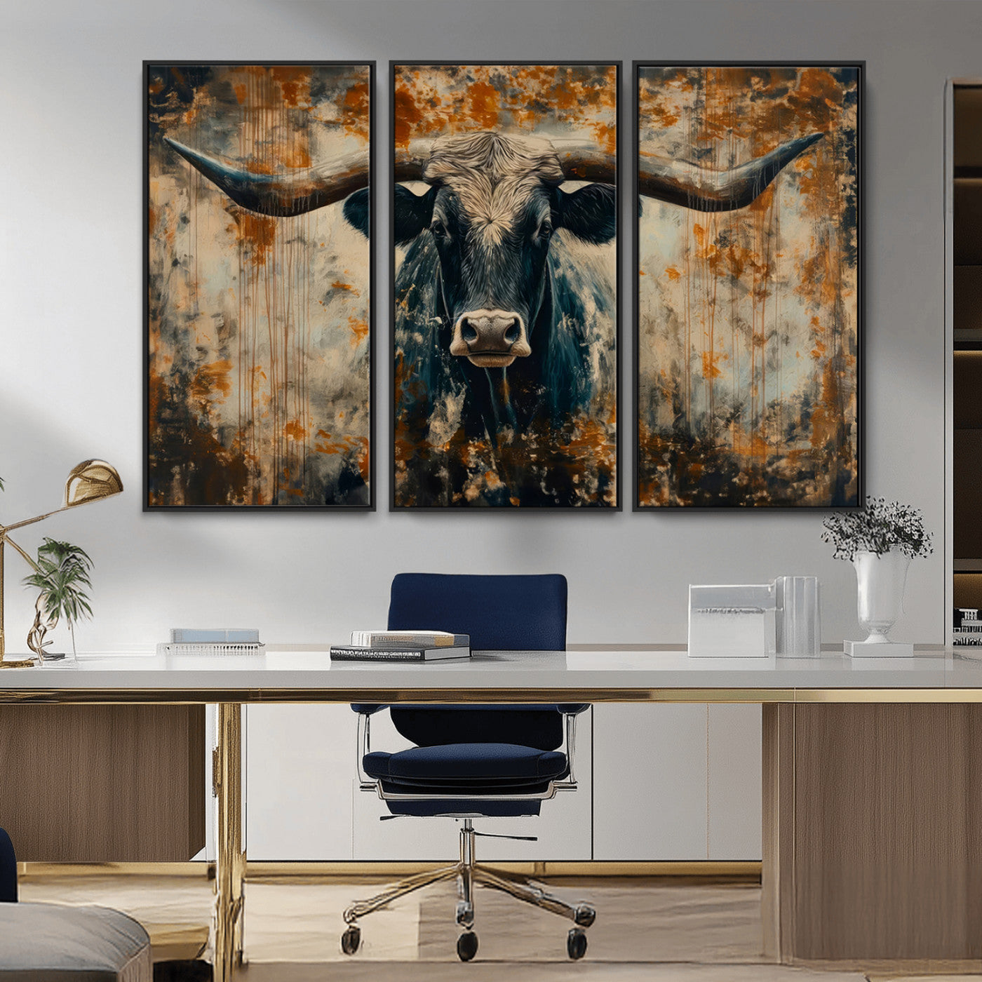MGV-FC-48X32-3P - Abstract Longhorn Bull Wall Art | Rustic Western Wall Decor | Framed and Ready to Hang | Ideal for