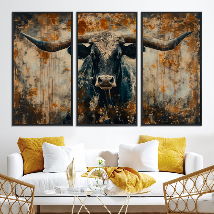 Abstract Longhorn Bull Wall Art | Rustic Western Wall Decor | Framed and Ready to Hang | Ideal for Farmhouse, Lodge, and Barn Decor