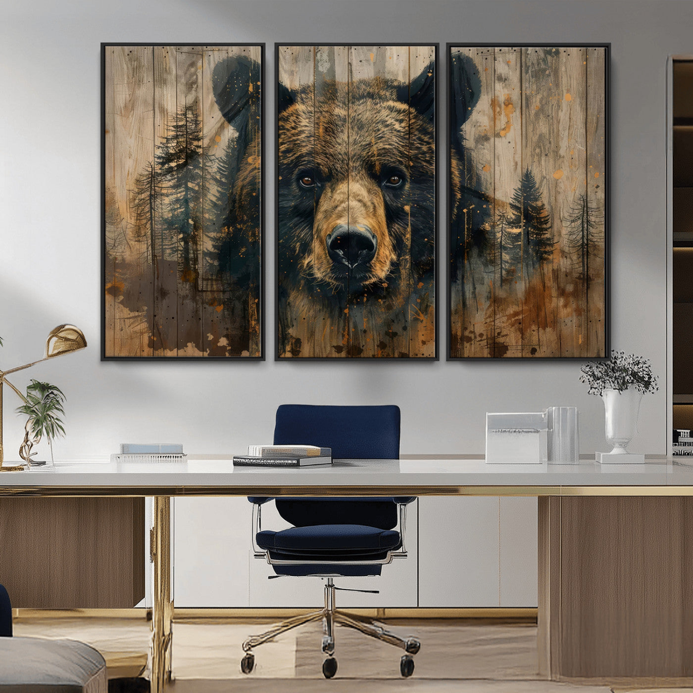 MGV-FC-48X32-3P - Abstract 399 Bear Wall Art | Rustic Cabin Wall Decor with Forest Design | Framed and Ready to Hang |