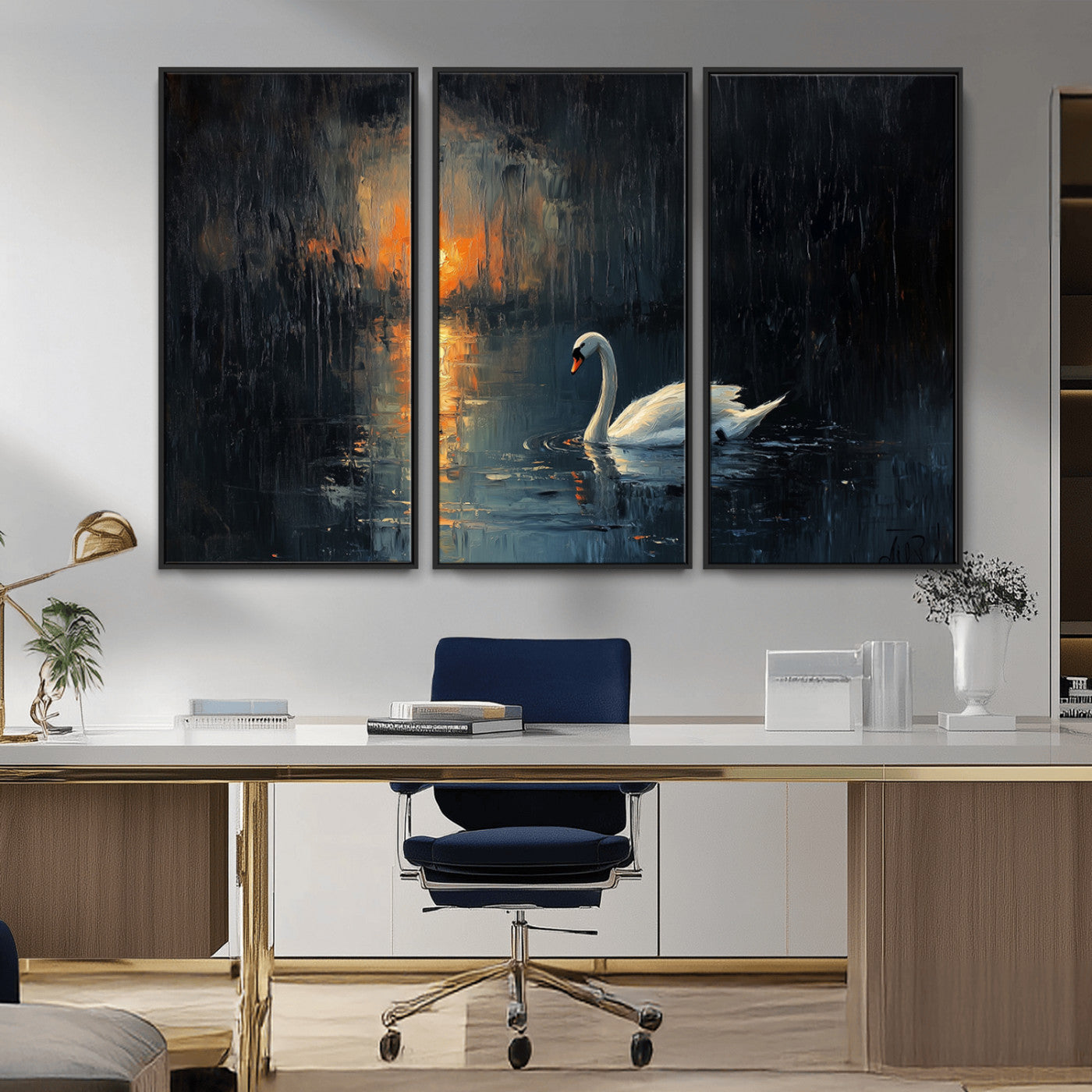 MGV-FC-48X32-3P - Abstract Swan on Water Wall Art Canvas Print - Elegant Nature Scene for Modern Home Decor