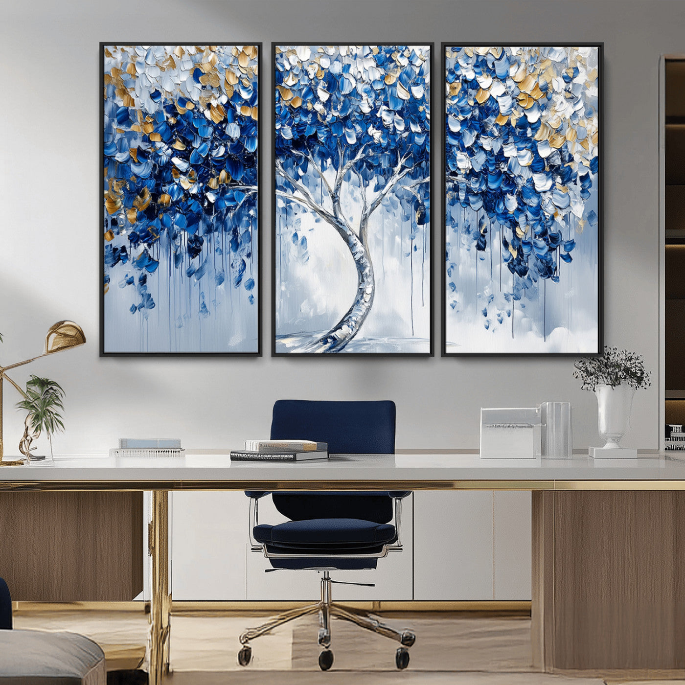 MGV-FC-48X32-3P - Blue and Gold Abstract Tree Wall Art Canvas Print | Modern Tree of Life Painting | Framed Canvas