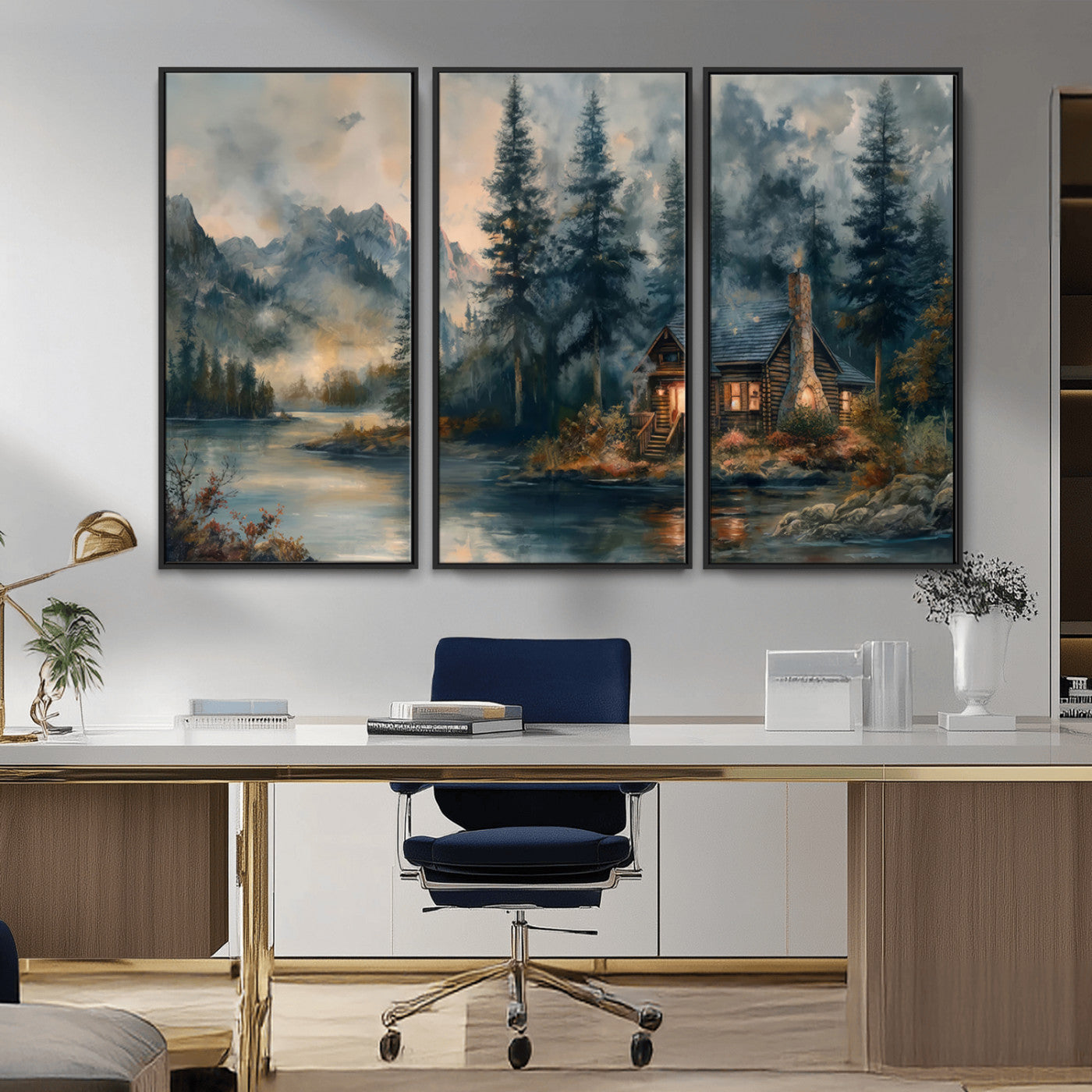 MGV-FC-48X32-3P - Rustic Cabin Woods Wall Art Print | Lake in a Forest Canvas Print | Cabin, Lodge, and Farmhouse