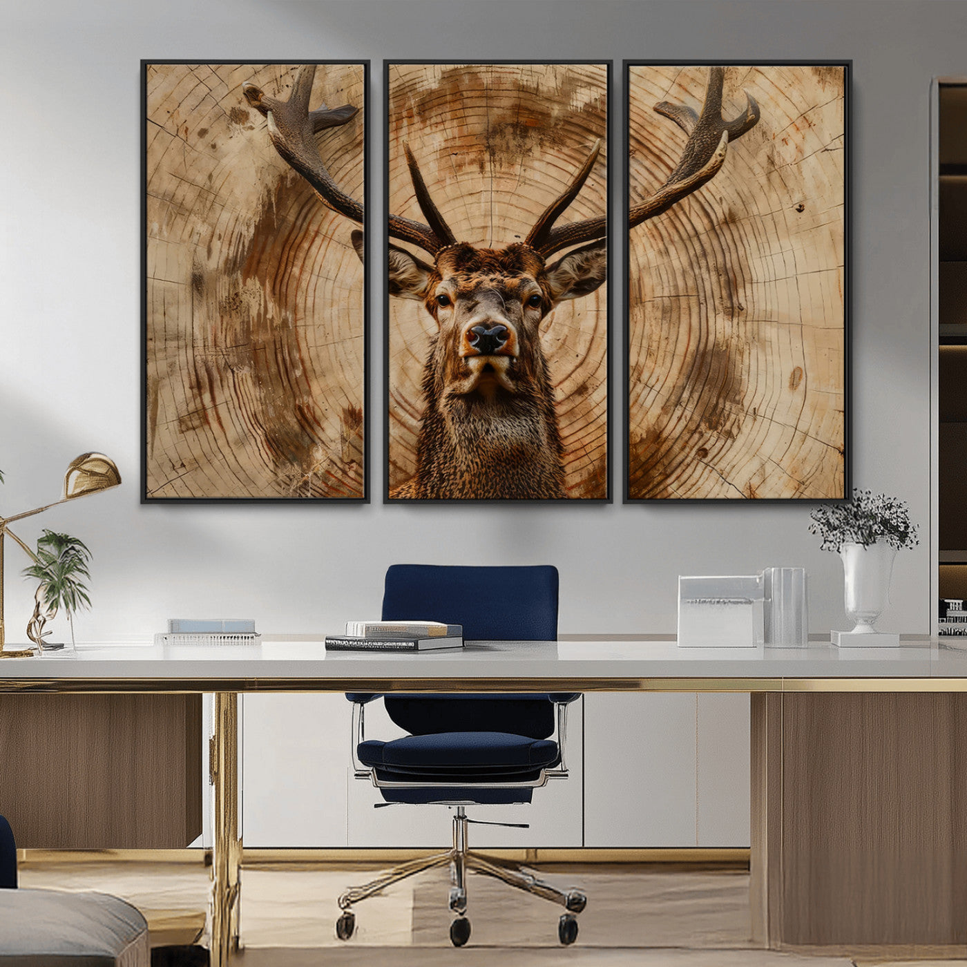 MGV-FC-48X32-3P - Wood Abstract Deer Wall Art | Rustic Wildlife Canvas Print | Ready to Hang Stag Head Triptych for