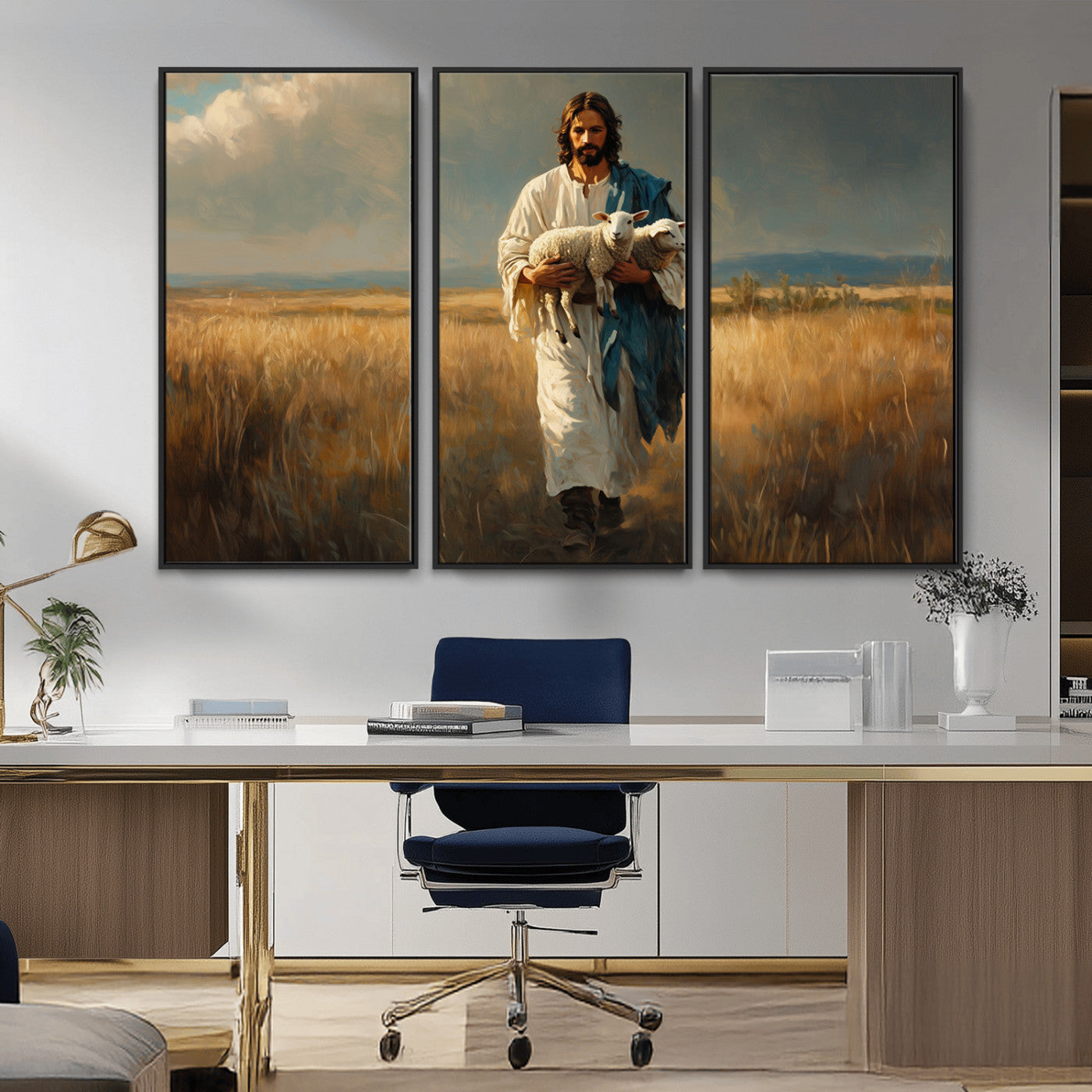 MGV-FC-48X32-3P - Jesus Shepherd Wall Art | Ready to Hang Triptych Canvas of Jesus Holding a Lamb in a Field |
