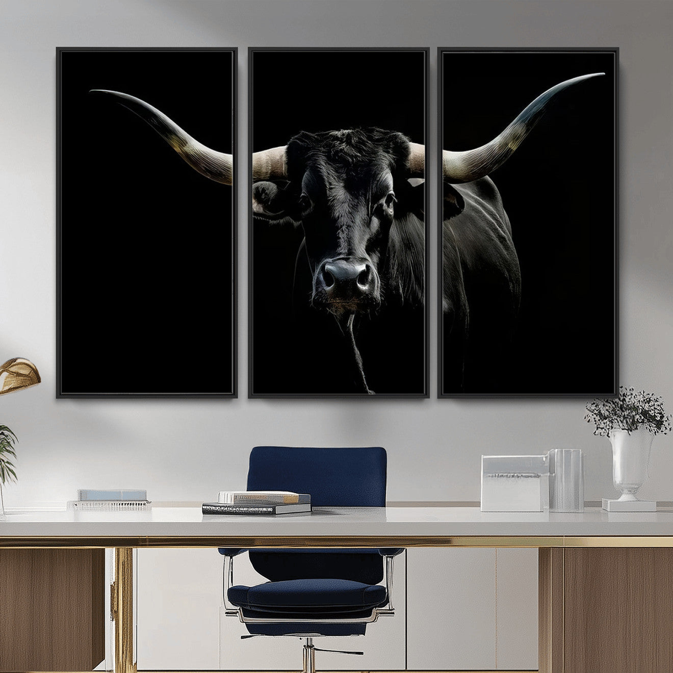 20679-MGV-CV-36X24 - Texas Black Longhorn Bull Wall Art Canvas Print - Western Texas Cattle Rustic Decor Print - Longhorn