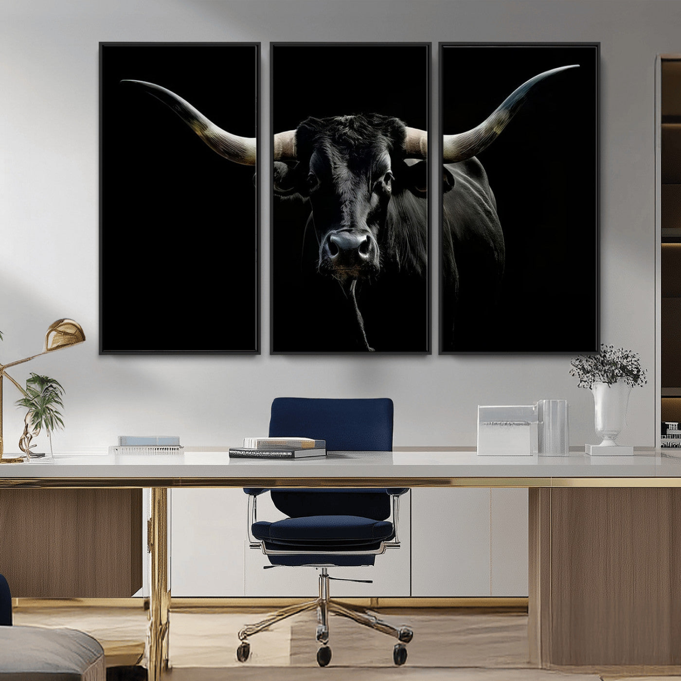 MGV-FC-48X32-3P - Texas Black Longhorn Bull Wall Art Canvas Print - Western Texas Cattle Rustic Decor Print - Longhorn