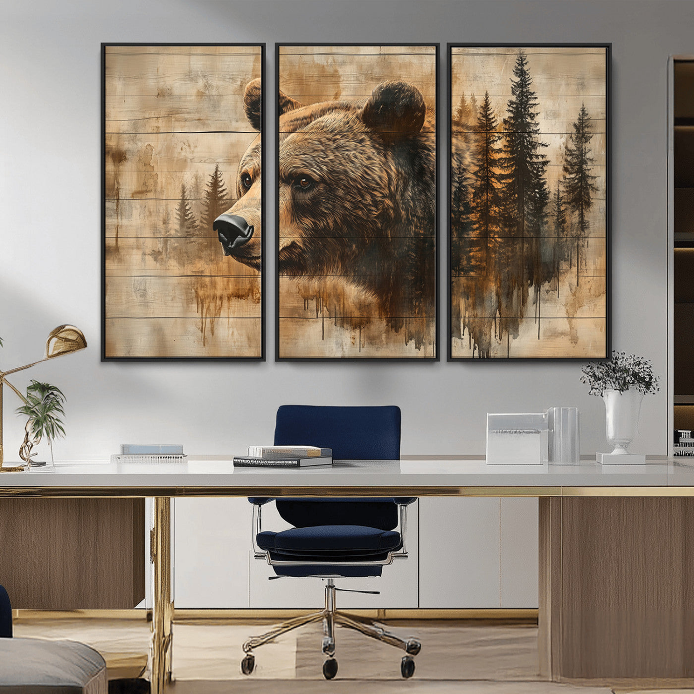 MGV-FC-48X32-3P - Rustic Grizzly Bear Wall Art, Abstract Grizzly 399 Bear Wall Art Canvas Print - Woodland Wildlife